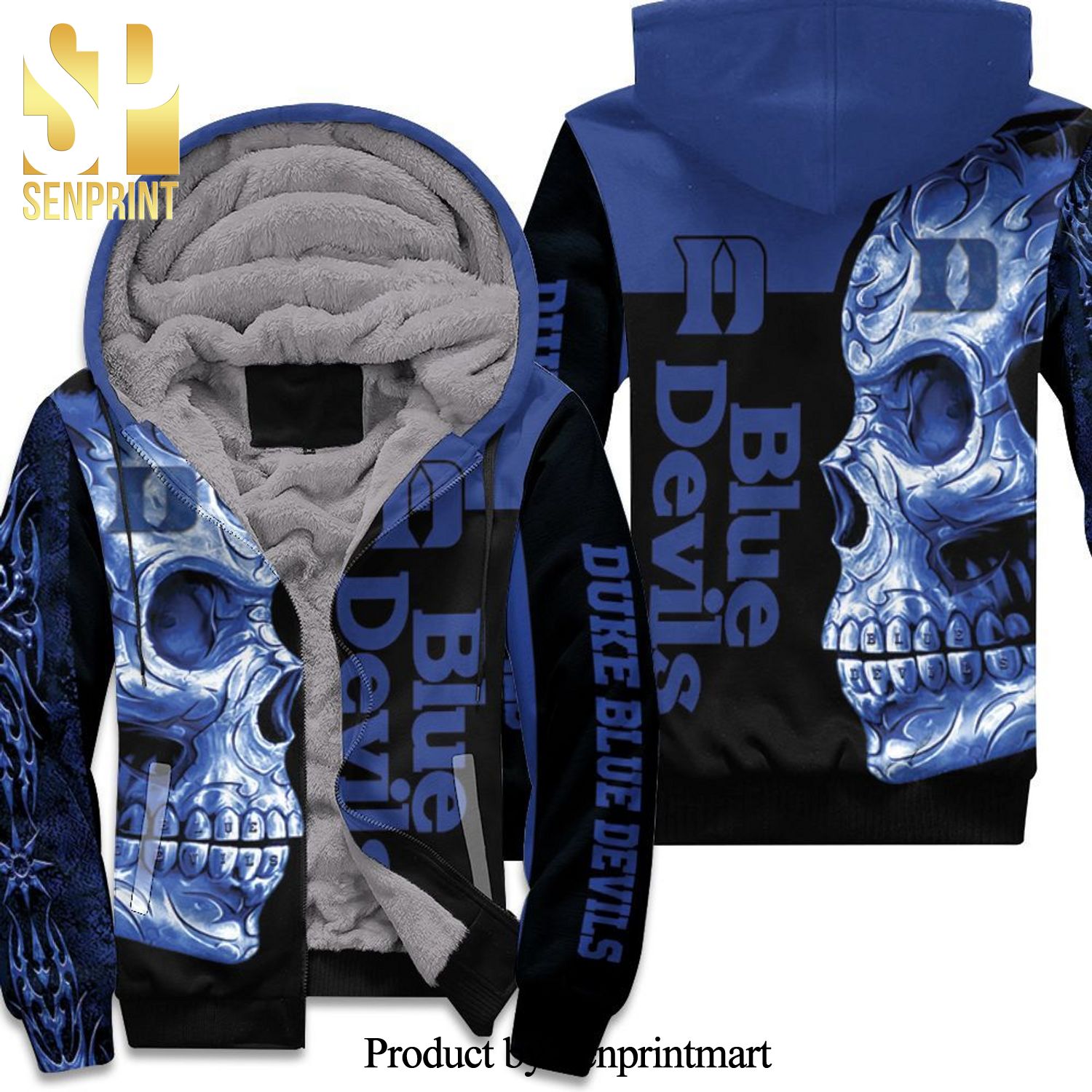 Duke Blue Devils NCAA Skull Hot Version All Over Printed Unisex Fleece Hoodie