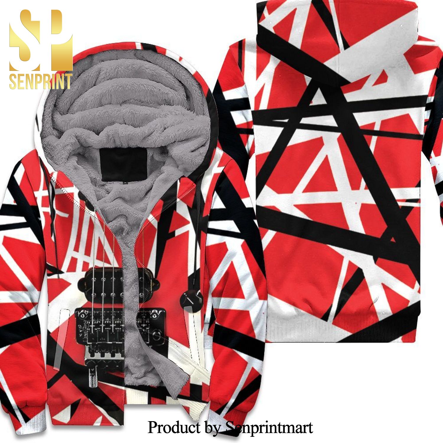 Eddie Van Halen Frankenstrat Guitar Design Pattern Full Printing Unisex Fleece Hoodie
