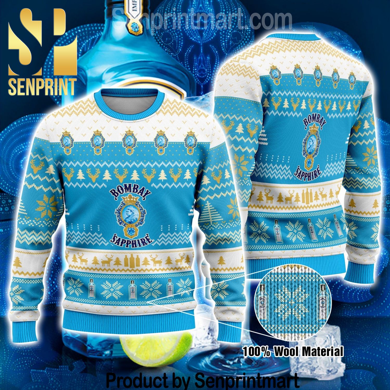 Bombay Sapphire Holiday Gifts Full Print Wool Knitted Ugly Christmas Sweater
