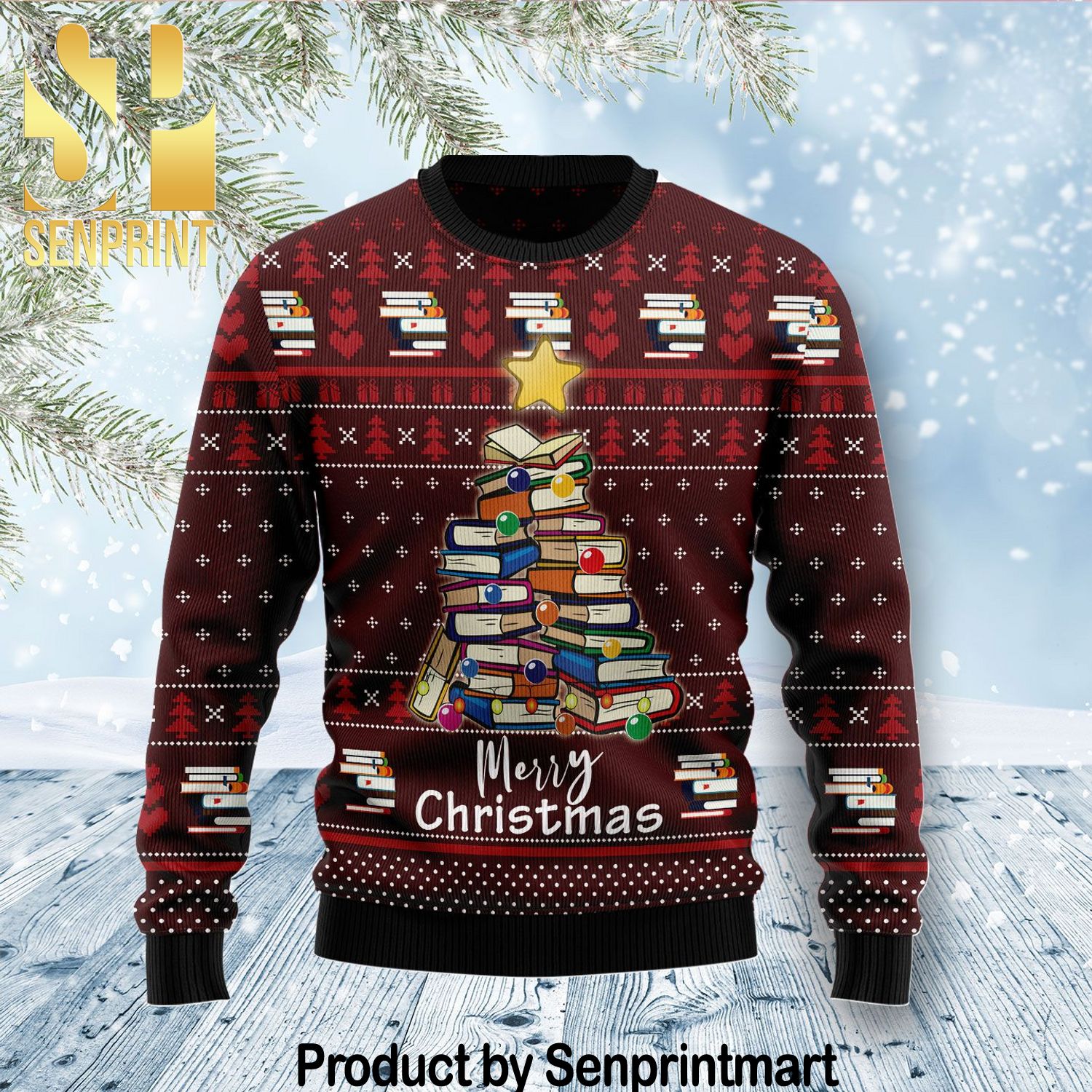 Book Pine Holiday Time All Over Print Knitting Pattern Ugly Christmas Sweater