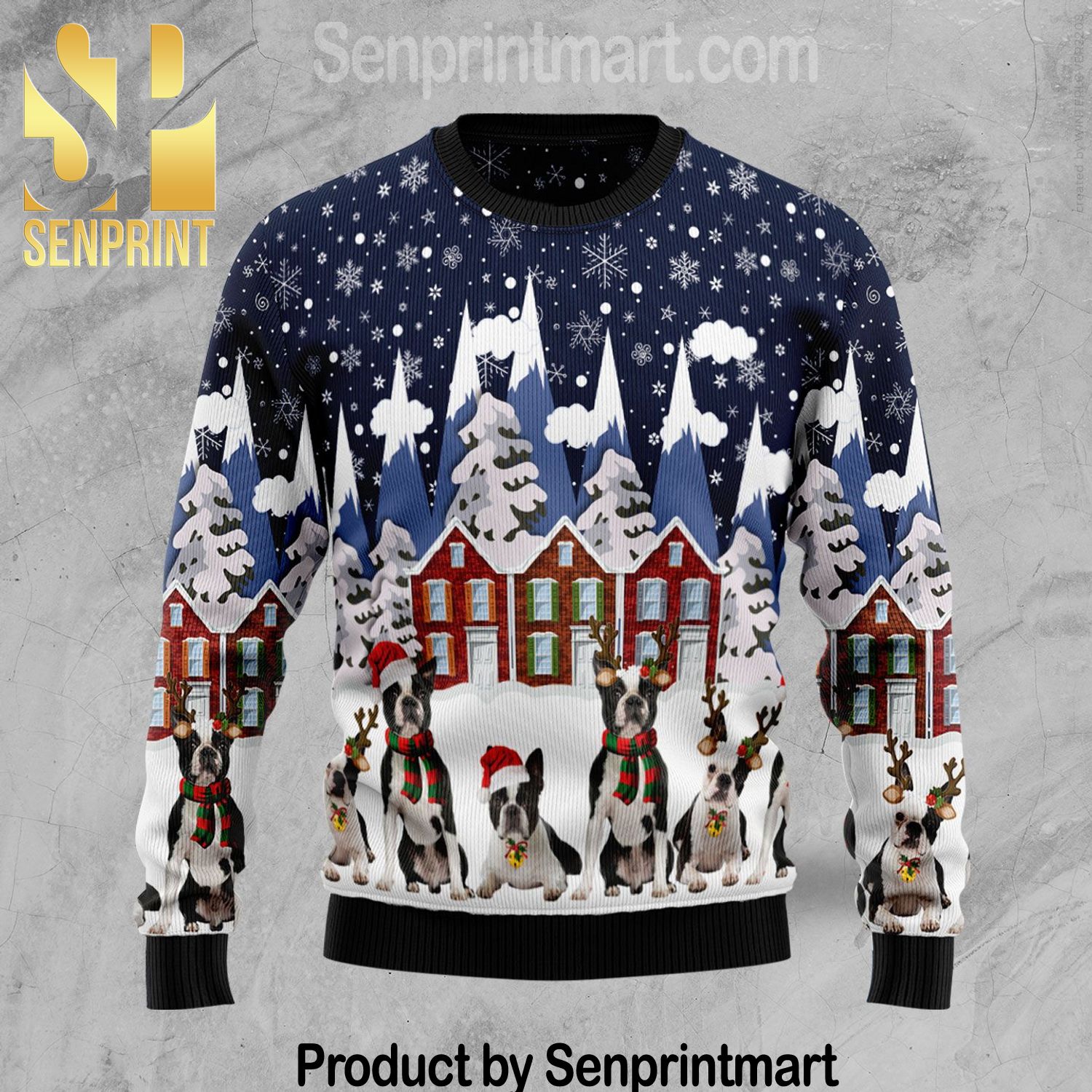 Boston Terrier Family Full Printed Ugly Wool Sweater
