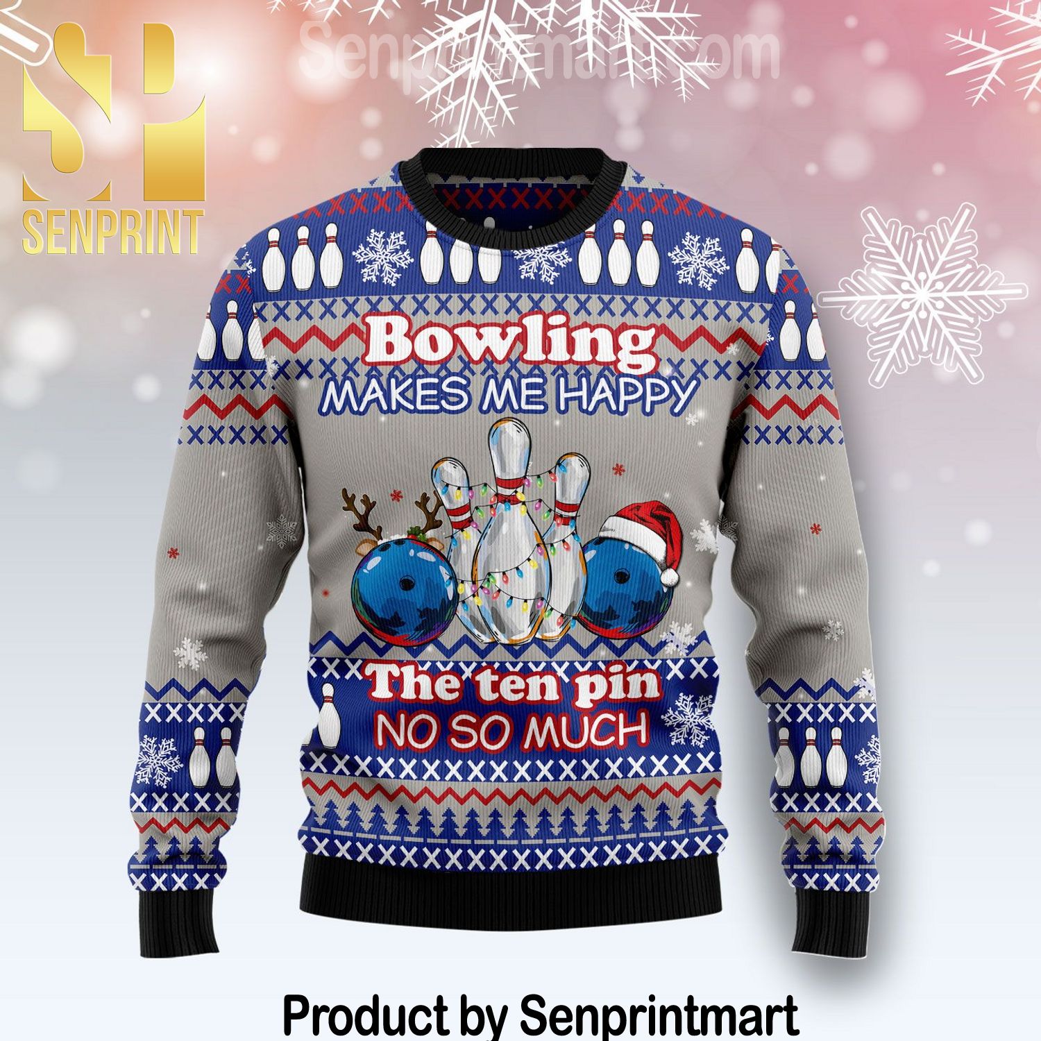Bowling Merry Christmas All Over Print Wool Blend Sweater