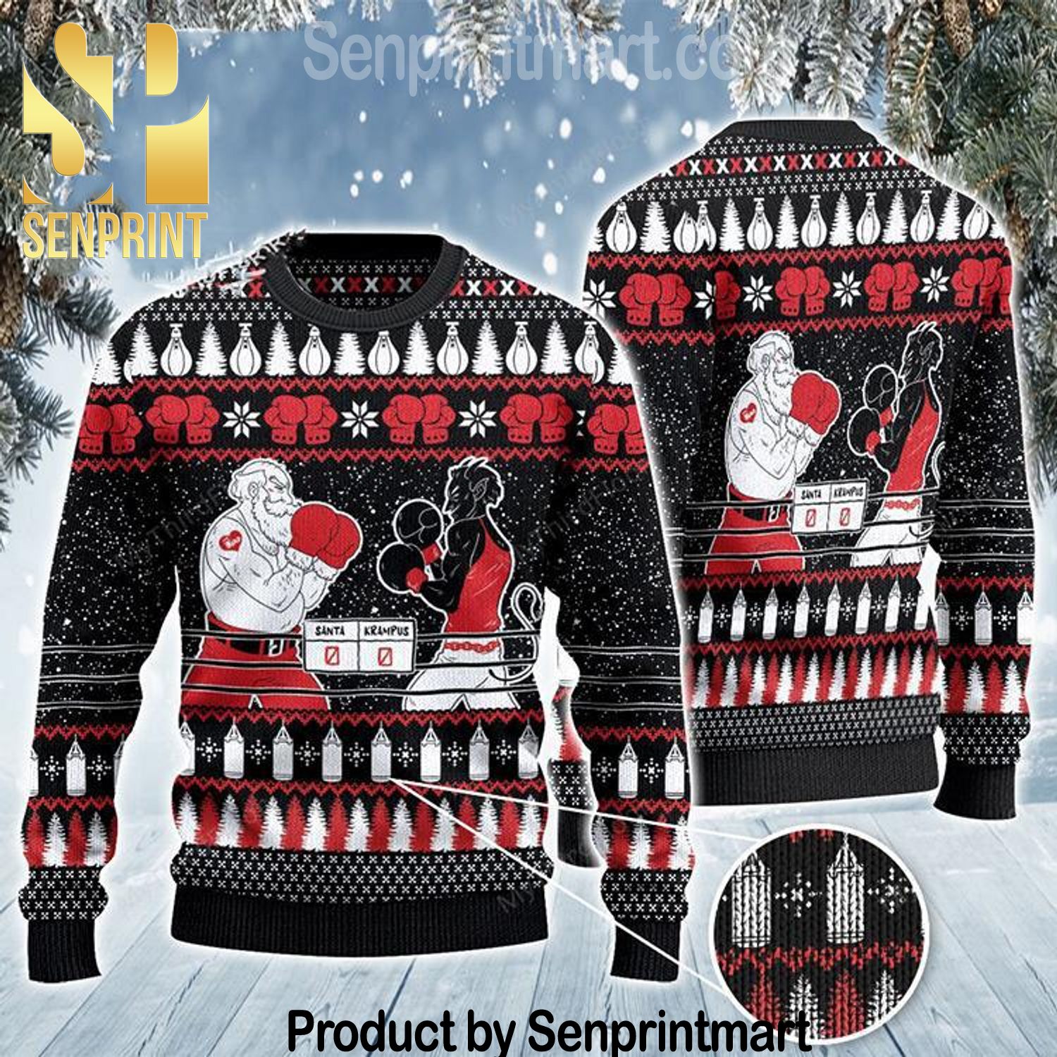 Boxing Santa And Krampus Xmas Gifts Full Printed Wool Ugly Christmas Sweater