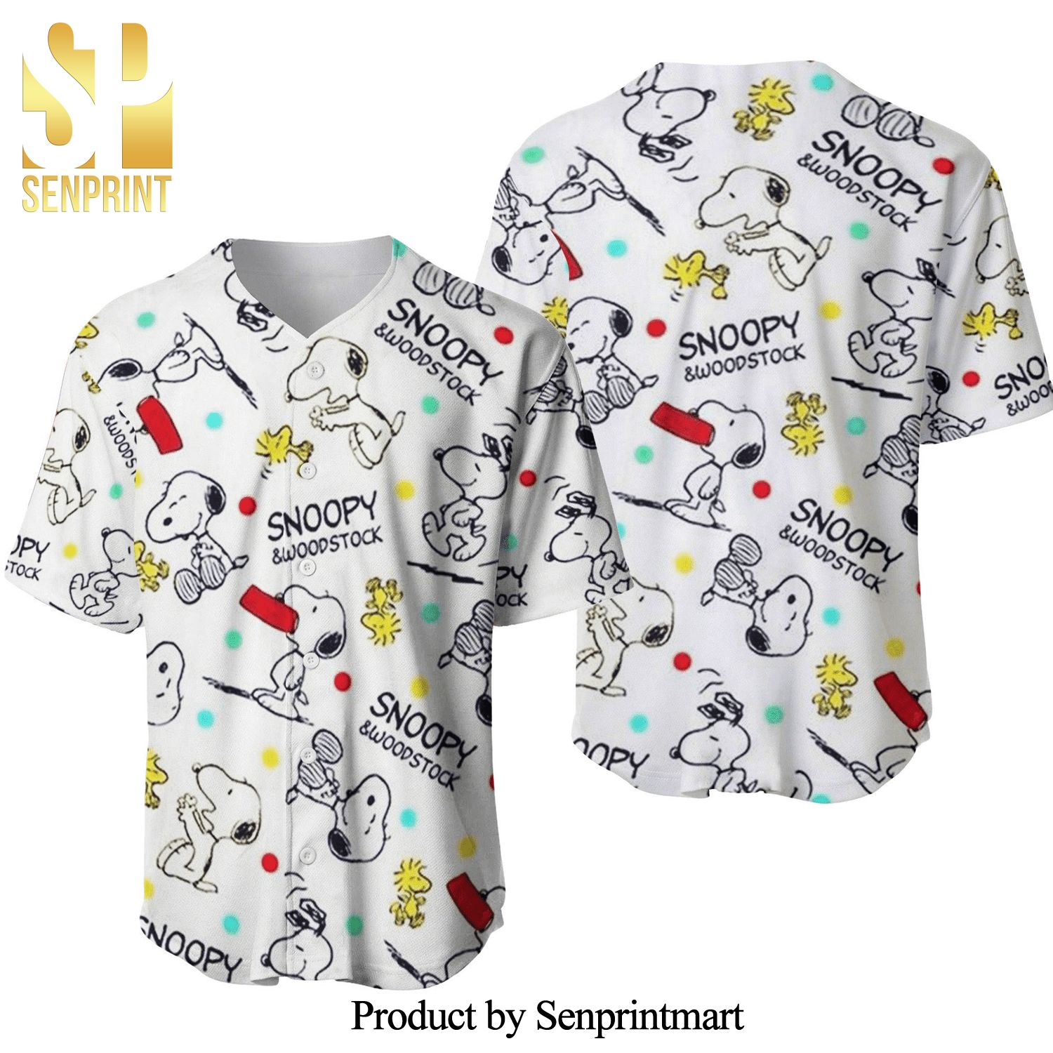 Lovely Snoopy & Woodstock Full Printing Baseball Jersey - White