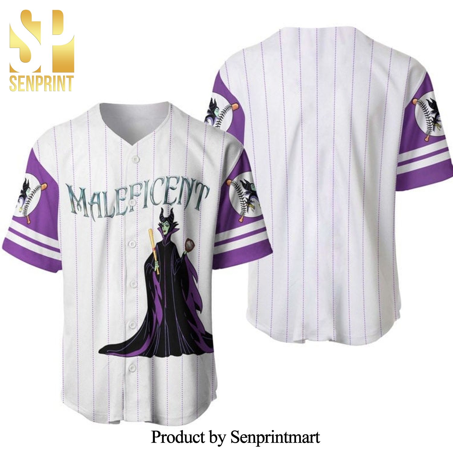 Maleficent All Over Print Pinstripe Baseball Jersey – White