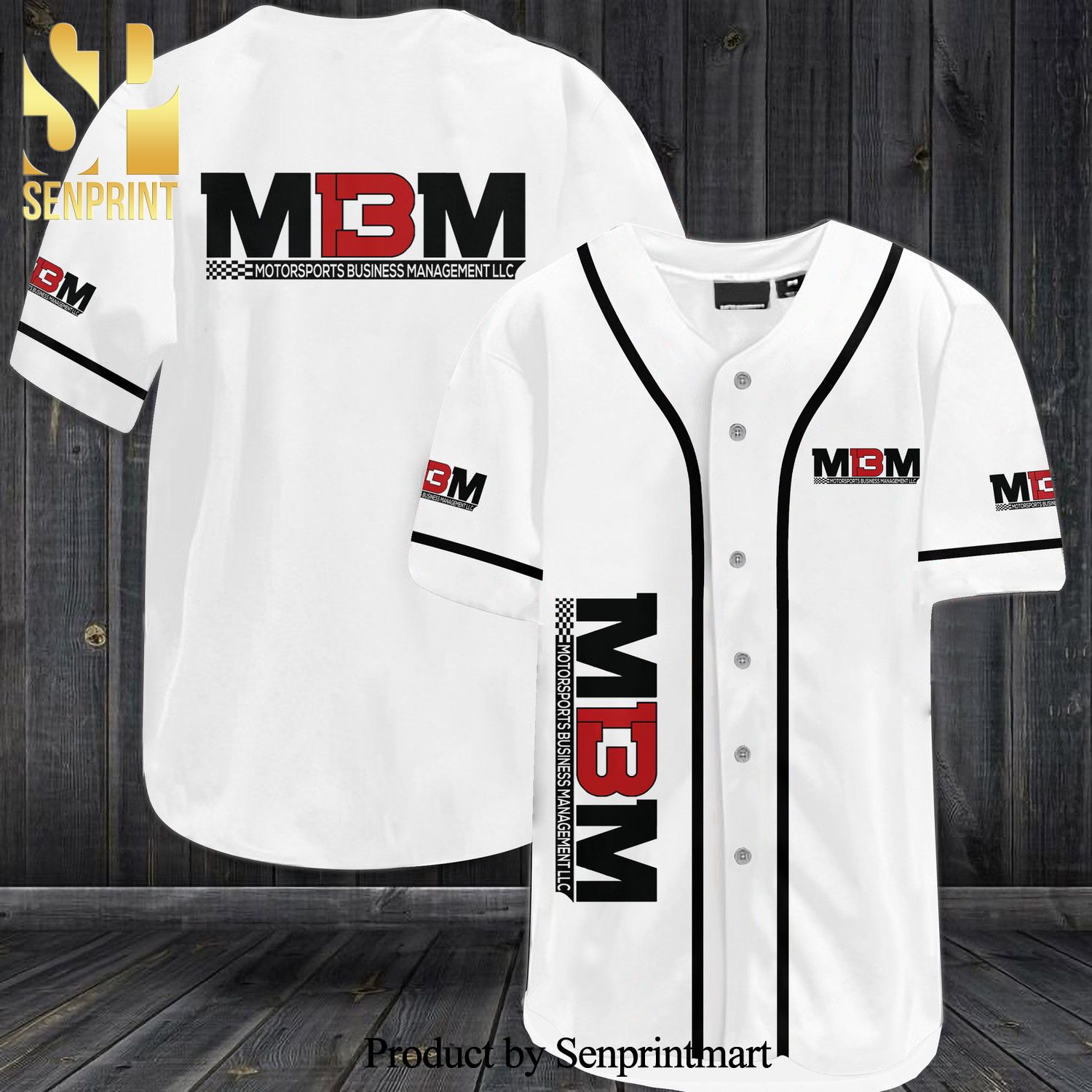 MBM Motorsports Racing Logo Car Team All Over Print Baseball Jersey – White