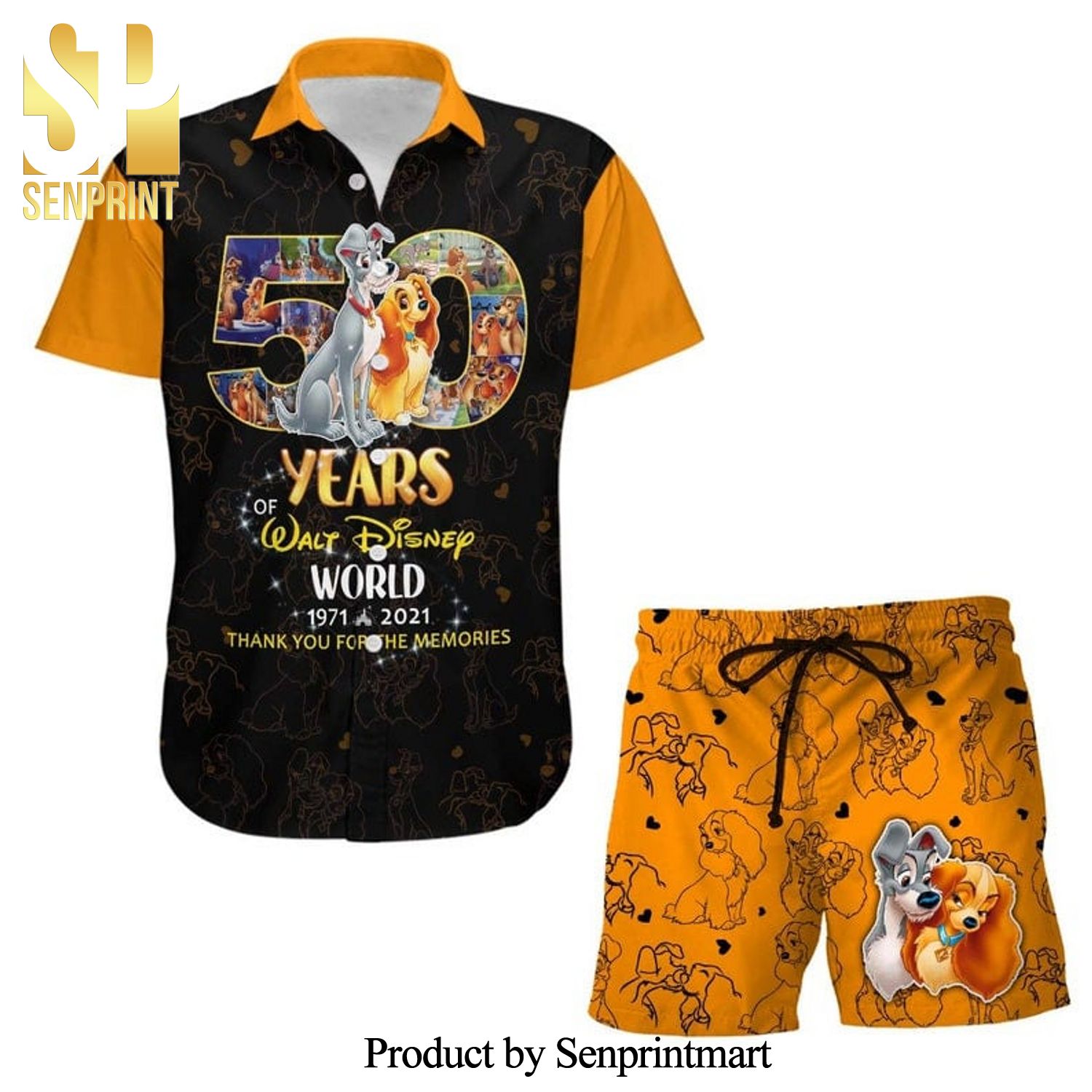 Lady And Tramp 50th Anniversary Glitter Disney Castle Full Printing Combo Hawaiian Shirt And Beach Shorts - Black Orange