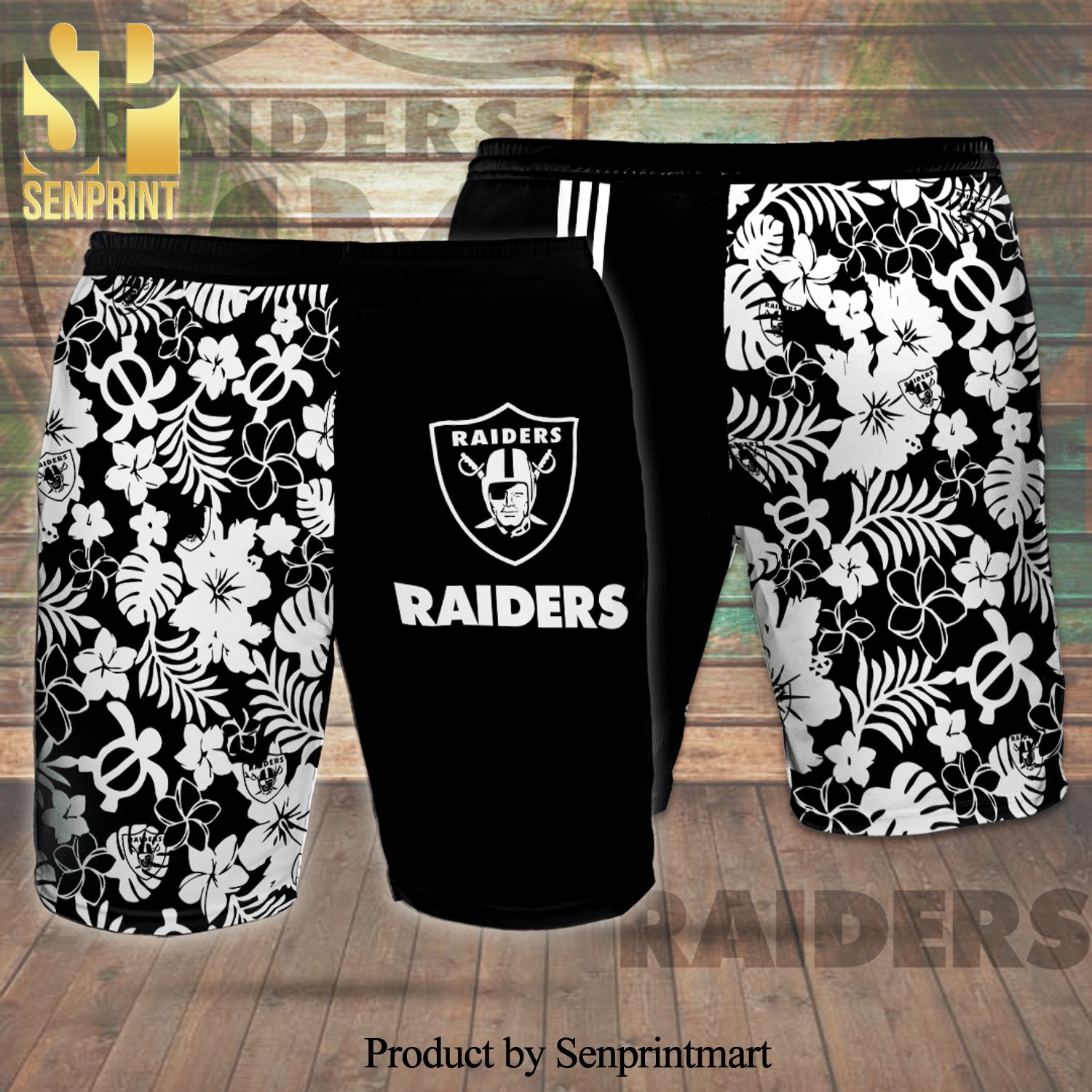 Las Vegas Raiders Full Printing Flowery Aloha Summer Hawaiian Beach Shorts - Black