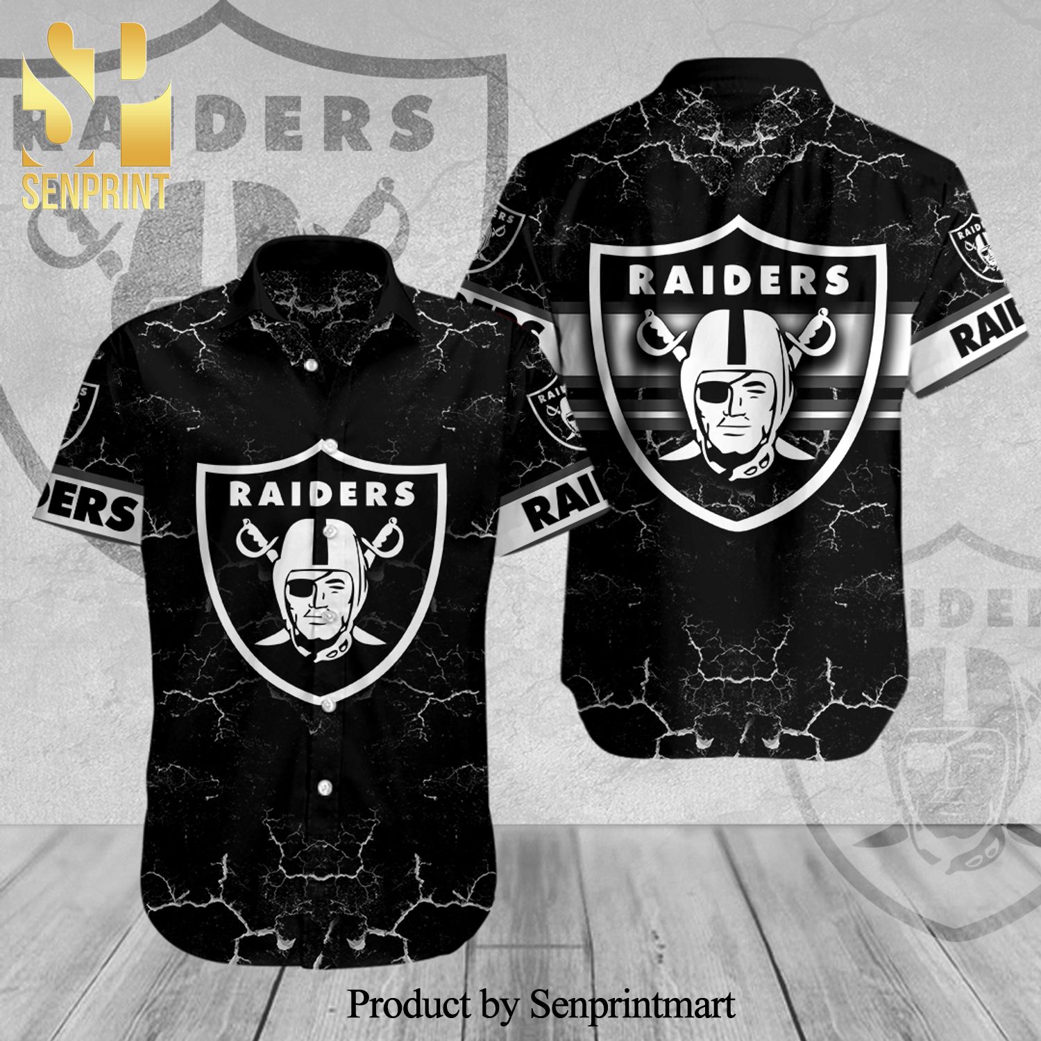 Las Vegas Raiders Lightning Bolt Full Printing Short Sleeve Dress Shirt Hawaiian Summer Aloha Beach Shirt – Black