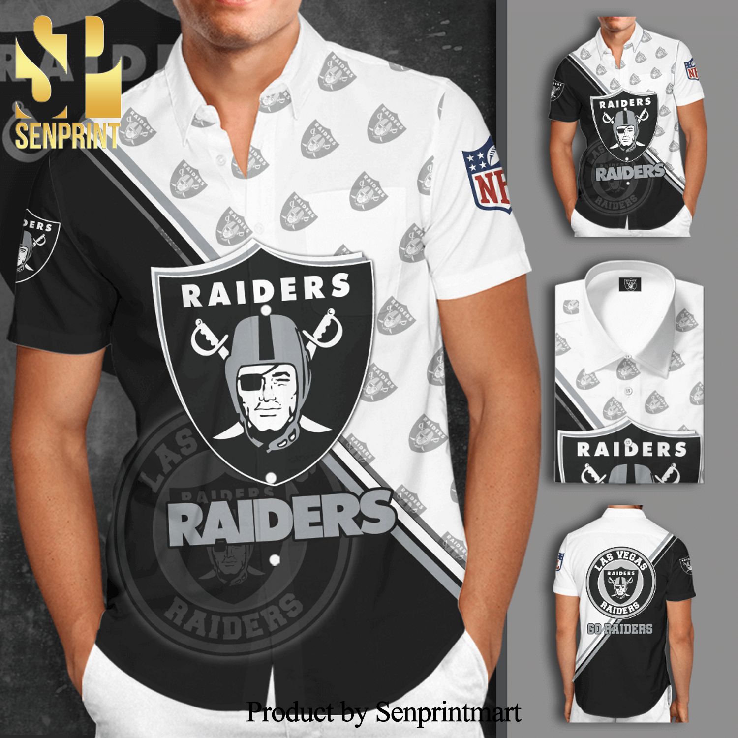 Las Vegas Raiders Logo Go Raiders Full Printing Short Sleeve Dress Shirt Hawaiian Summer Aloha Beach Shirt - Black White