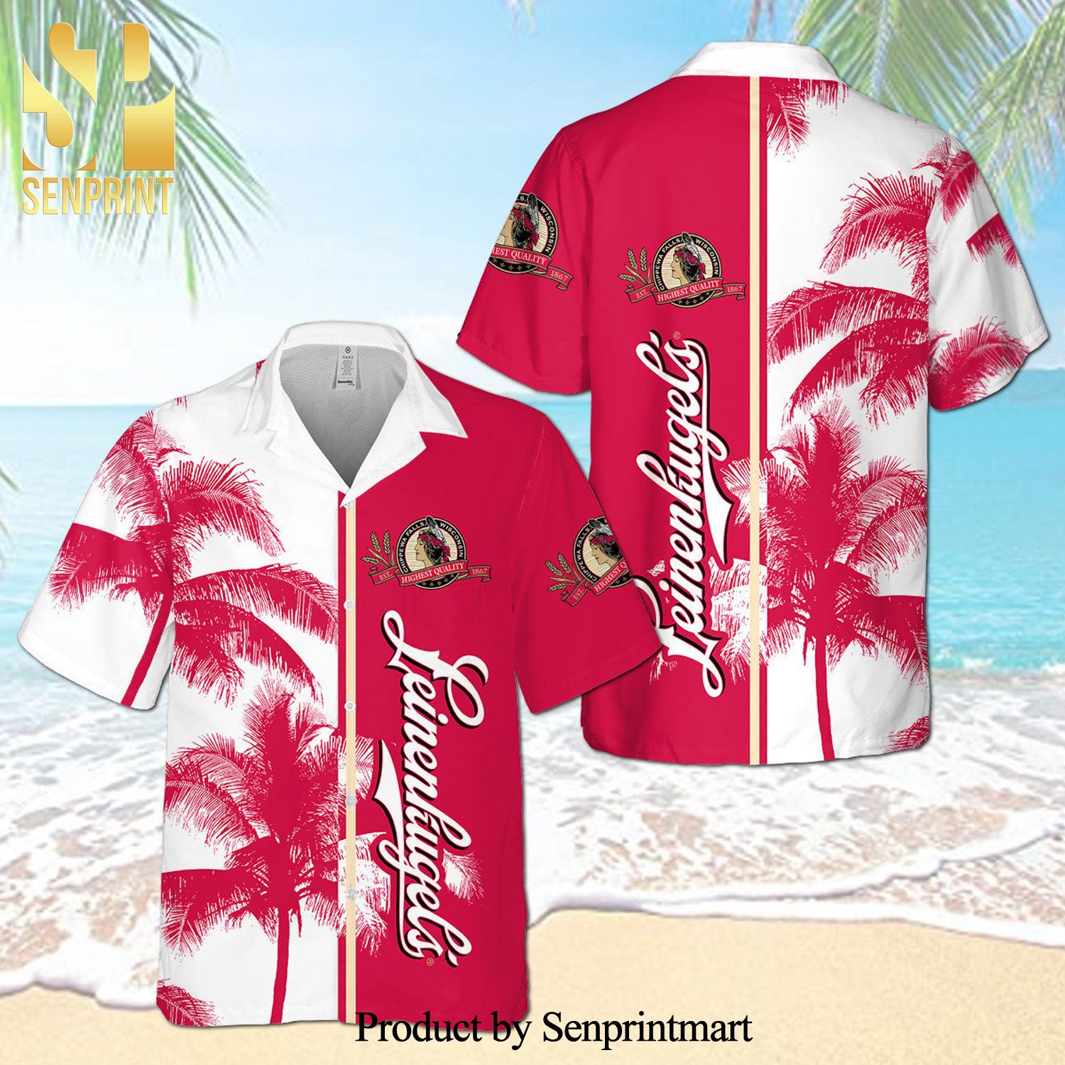 Leinenkugel's Palm Tree Full Printing Aloha Summer Beach Hawaiian Shirt - Red White