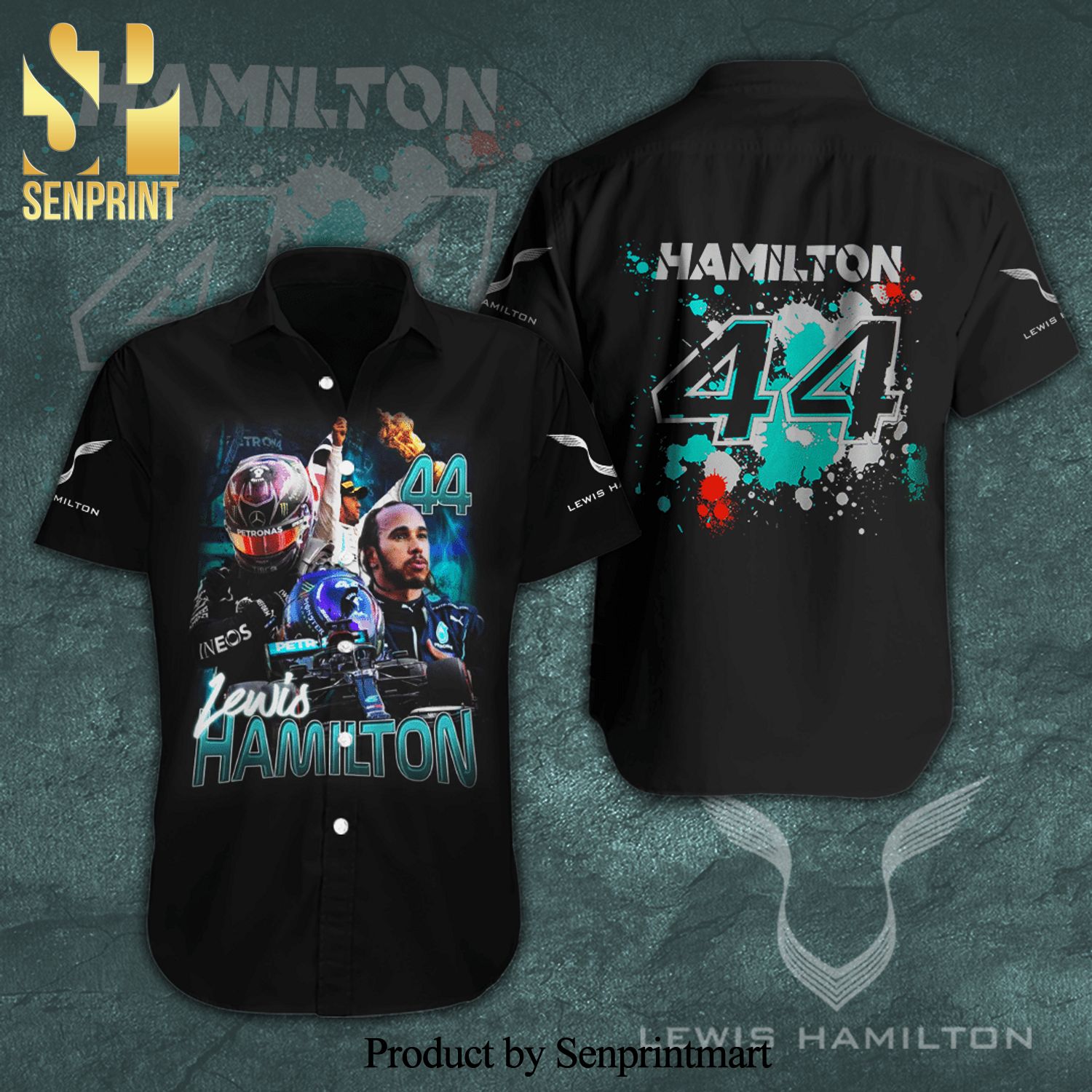 Lewis Hamilton 44 Mercedes-AMG Petronas F1 Team Full Printing Short Sleeve Dress Shirt Hawaiian Summer Aloha Beach Shirt - Black