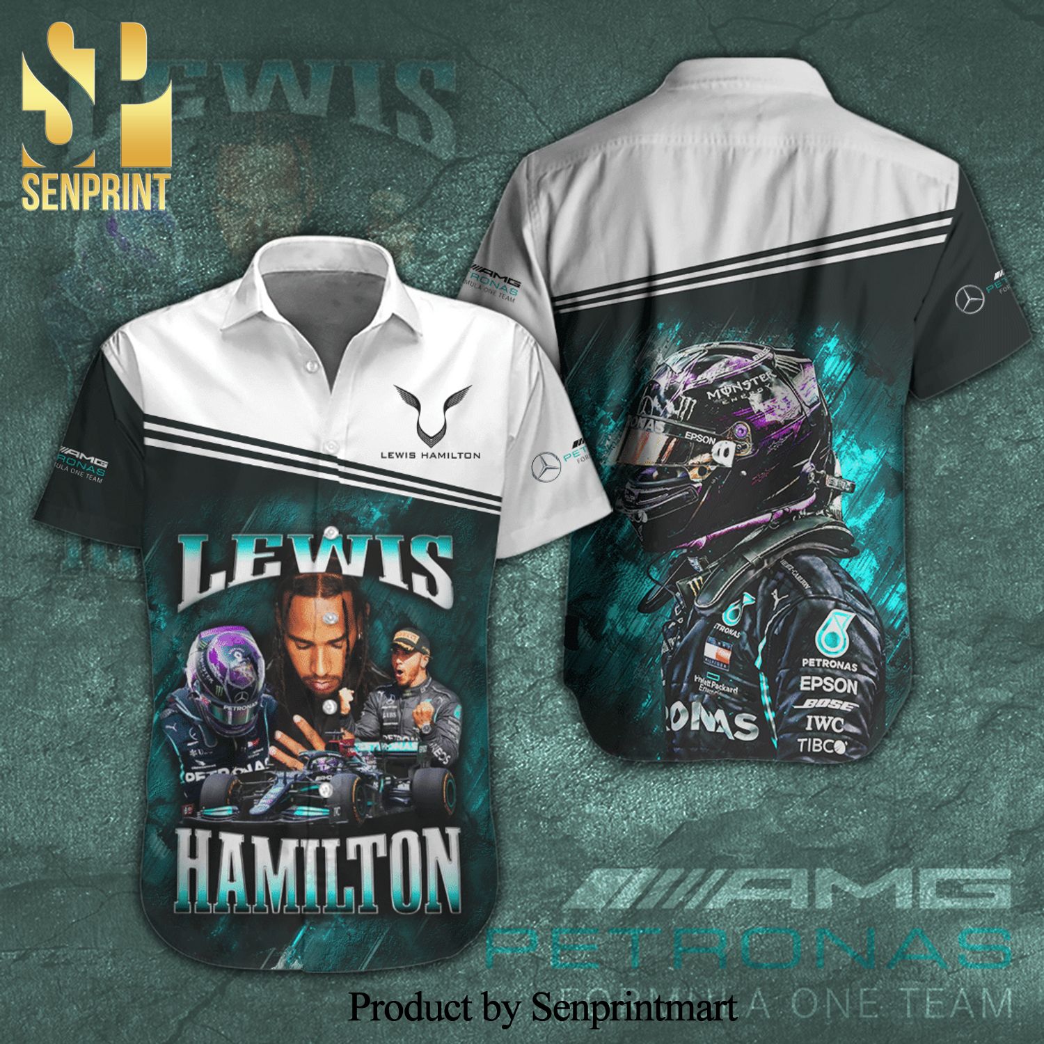 Lewis Hamilton Mercedes-AMG Petronas F1 Team Full Printing Short Sleeve Dress Shirt Hawaiian Summer Aloha Beach Shirt - White Gray