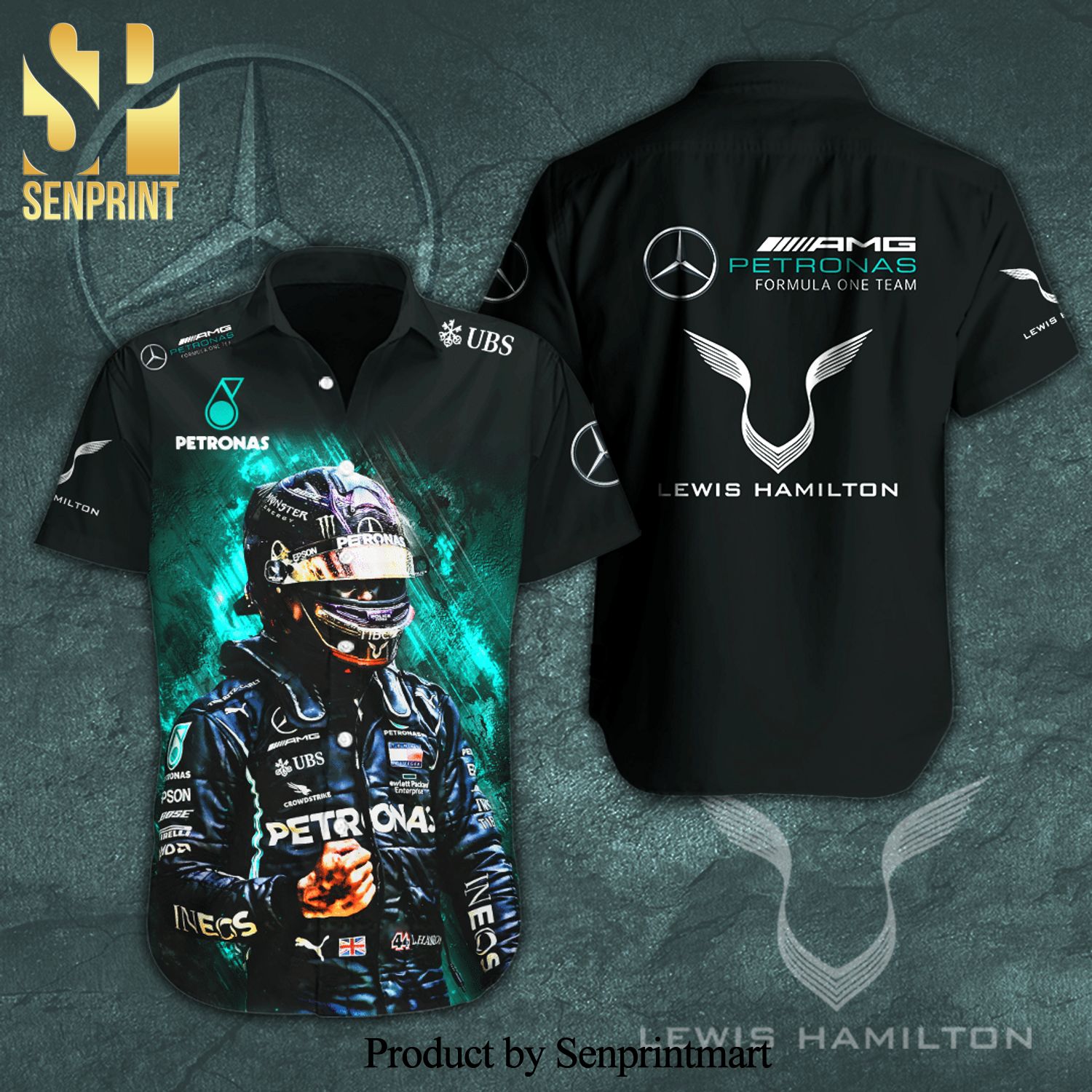 Lewis Hamilton Mercedes-AMG Petronas F1 Team UBS Full Printing Short Sleeve Dress Shirt Hawaiian Summer Aloha Beach Shirt – Black