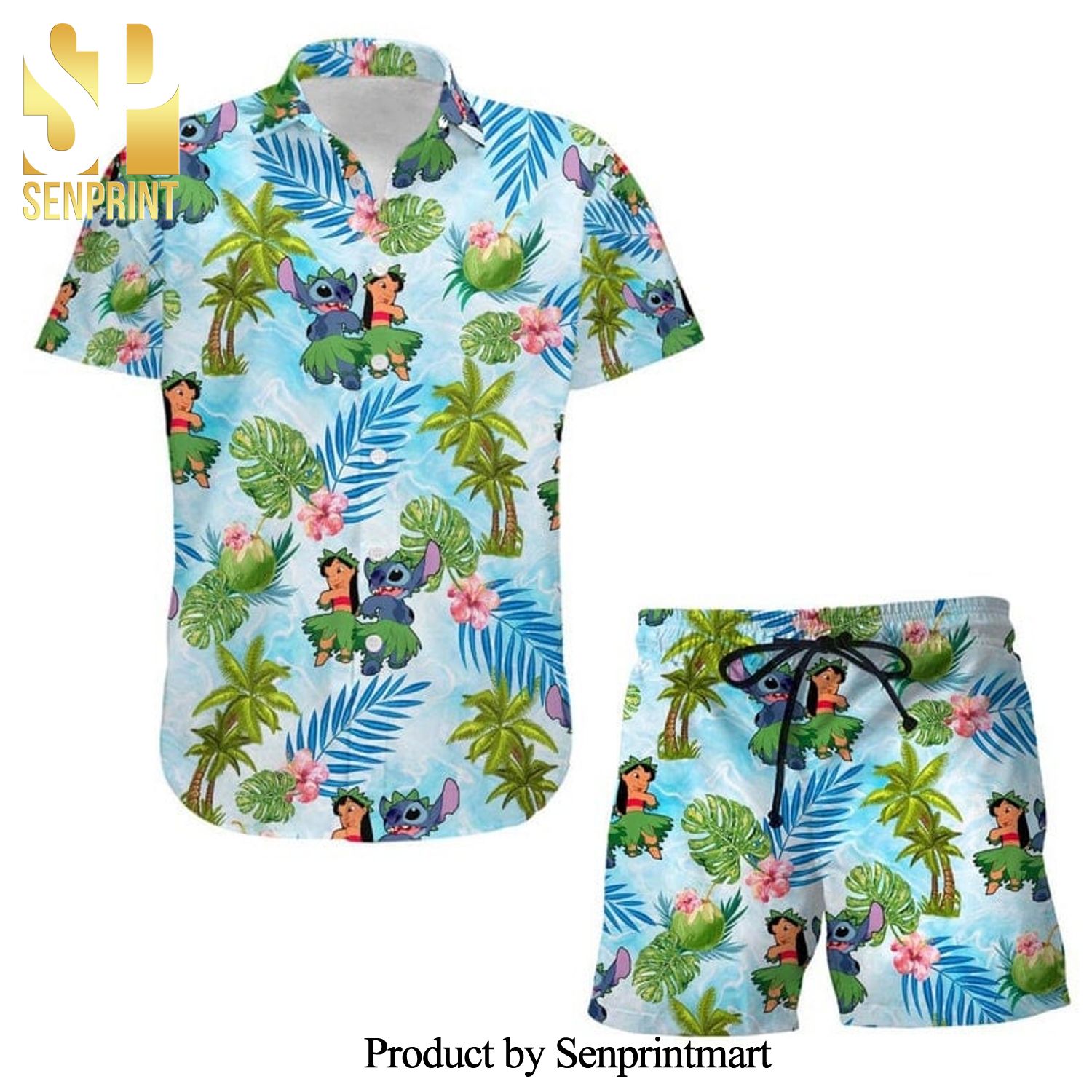 Lilo And Stitch Palm Tree Disney Cartoon Graphics Full Printing Combo Aloha Hawaiian Shirt And Beach Shorts - Light Blue