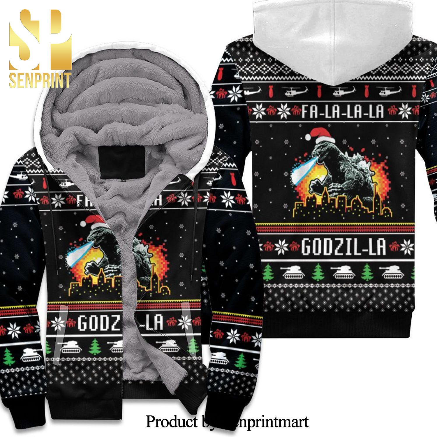 Fa La La Godzi La Godzila Christmas Hot Version All Over Printed Unisex Fleece Hoodie