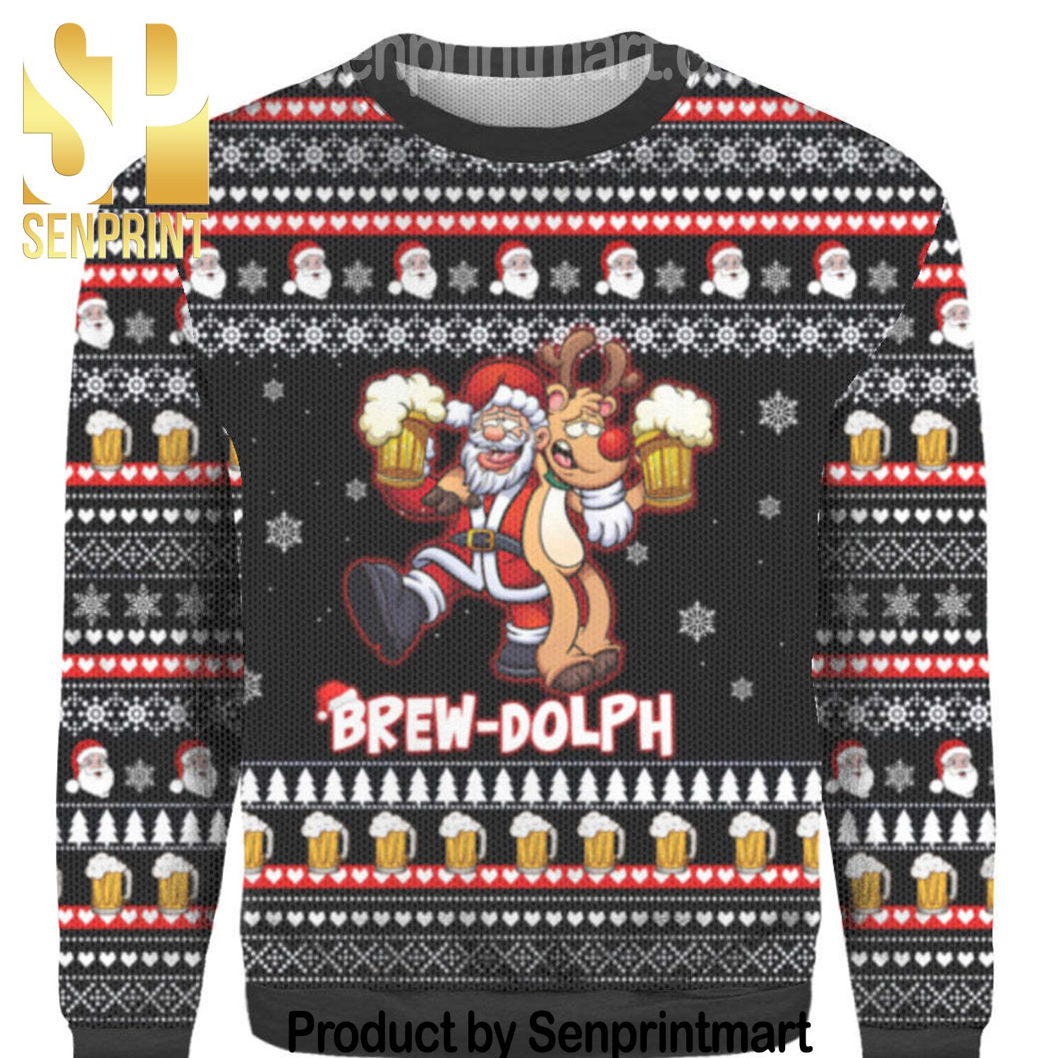 Brewdolph Reindeer Christmas Chirtmas Gifts Full Printing Wool Knitted Ugly Christmas Sweater