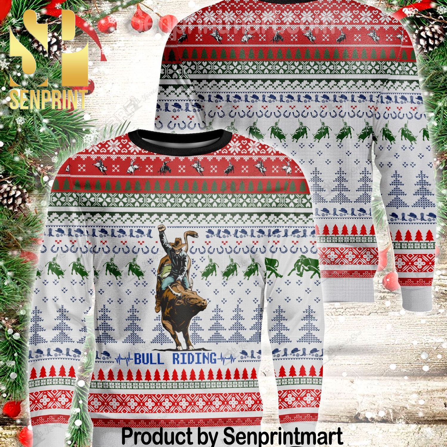 Bull Riding Xmas Gifts Full Printed Wool Ugly Christmas Sweater