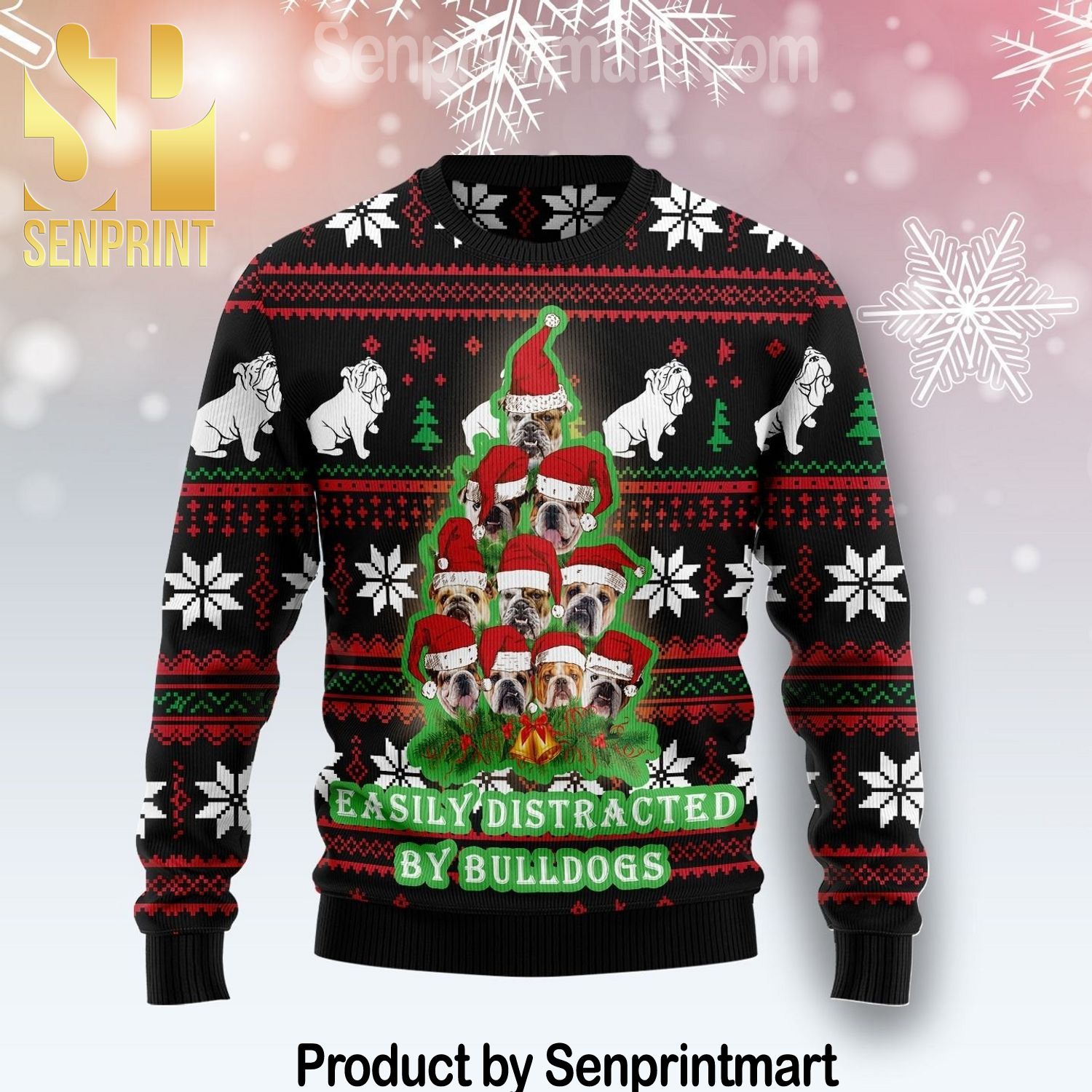 Bulldog Pine Tree Christmas Chirtmas Gifts Full Printing Wool Knitted Ugly Christmas Sweater