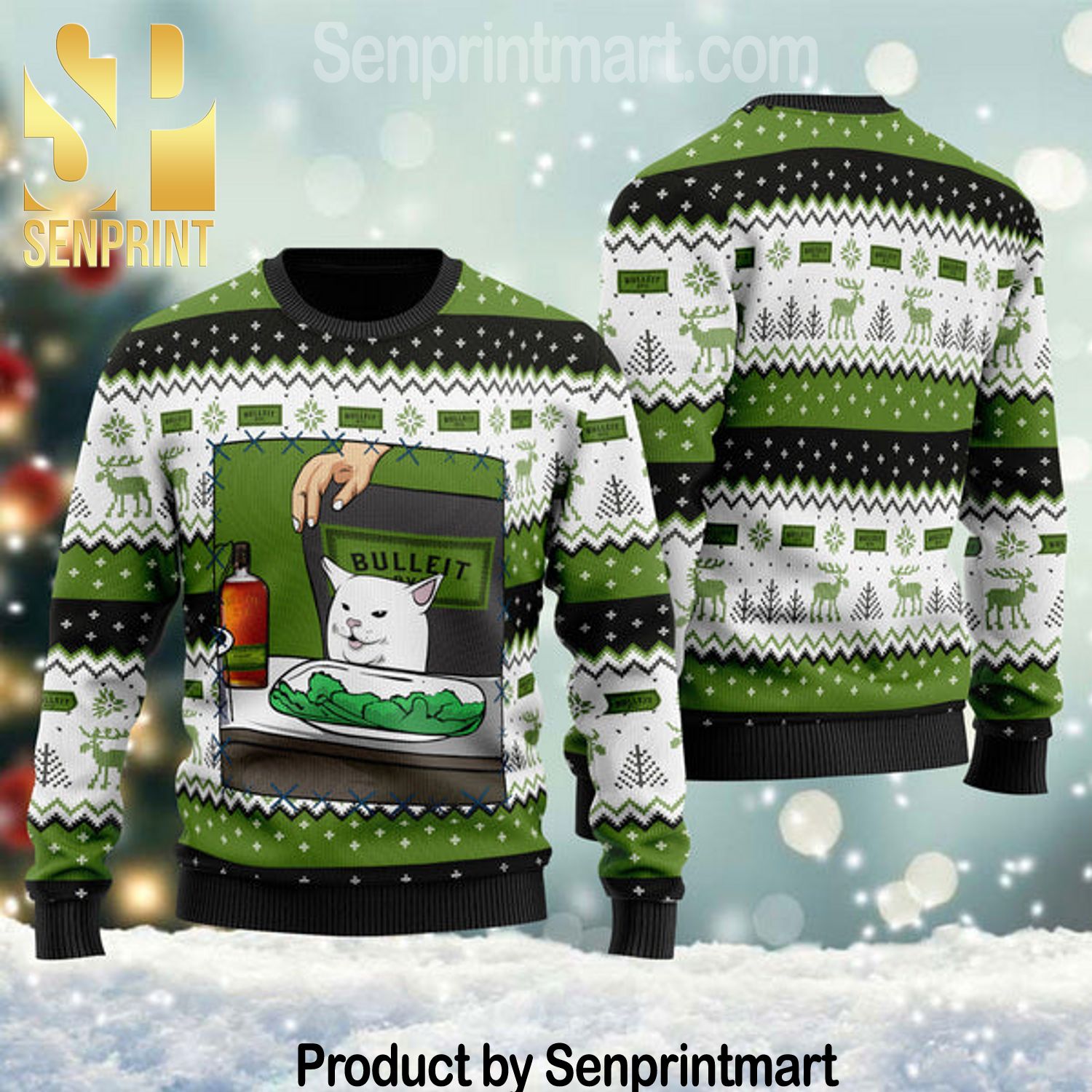 Bulleit Rye Whiskey Cat Meme Pattern Knit Christmas Sweater