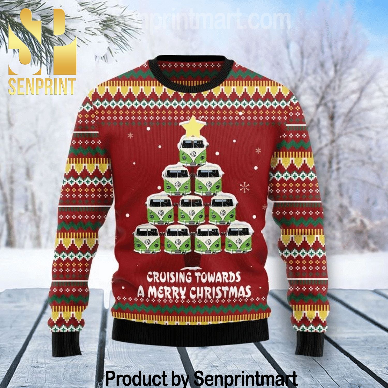 Bus Tree Merry Christmas Xmas Gifts Full Printed Wool Ugly Christmas Sweater