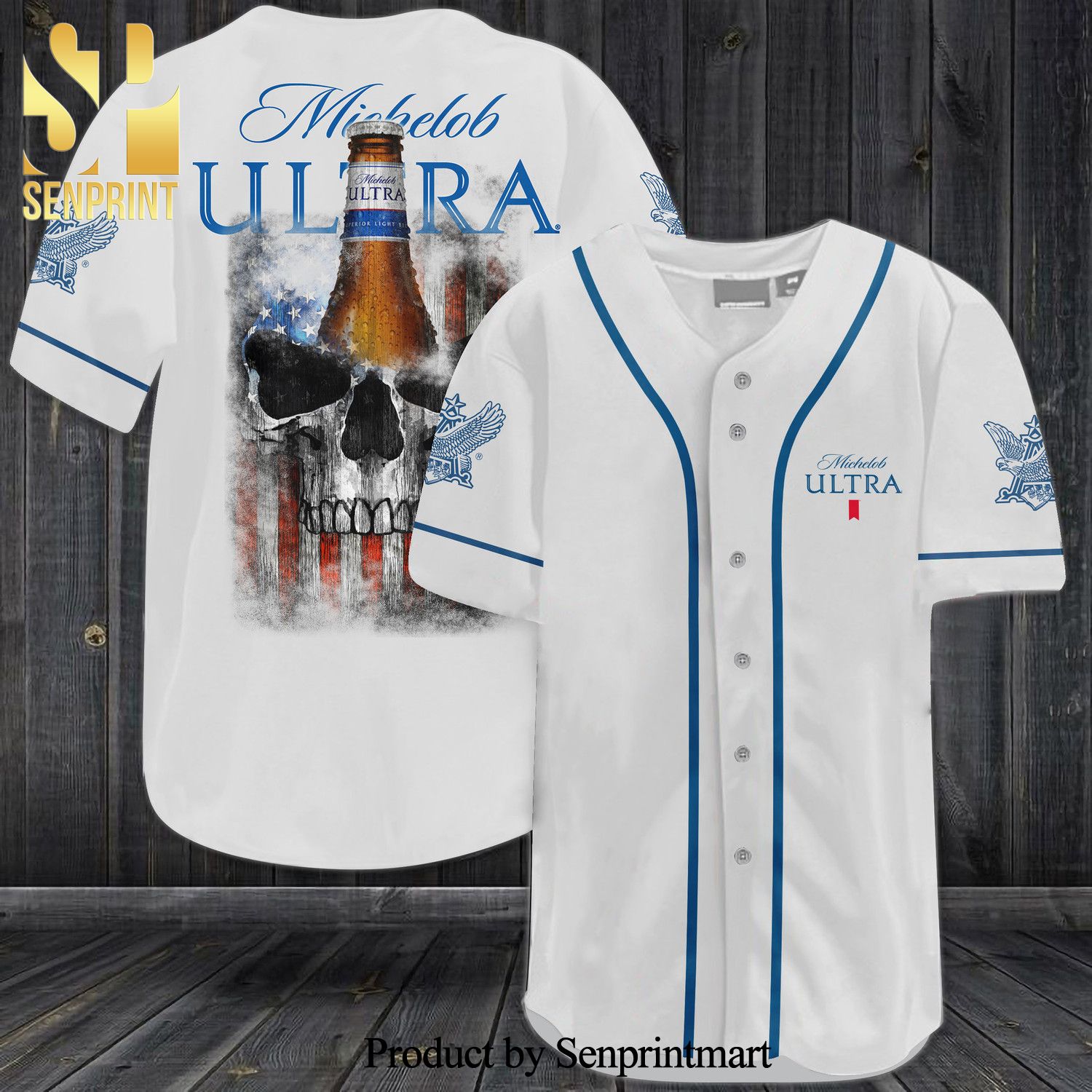 Michelob Ultra Skull USA Flag All Over Print Unisex Baseball Jersey – White