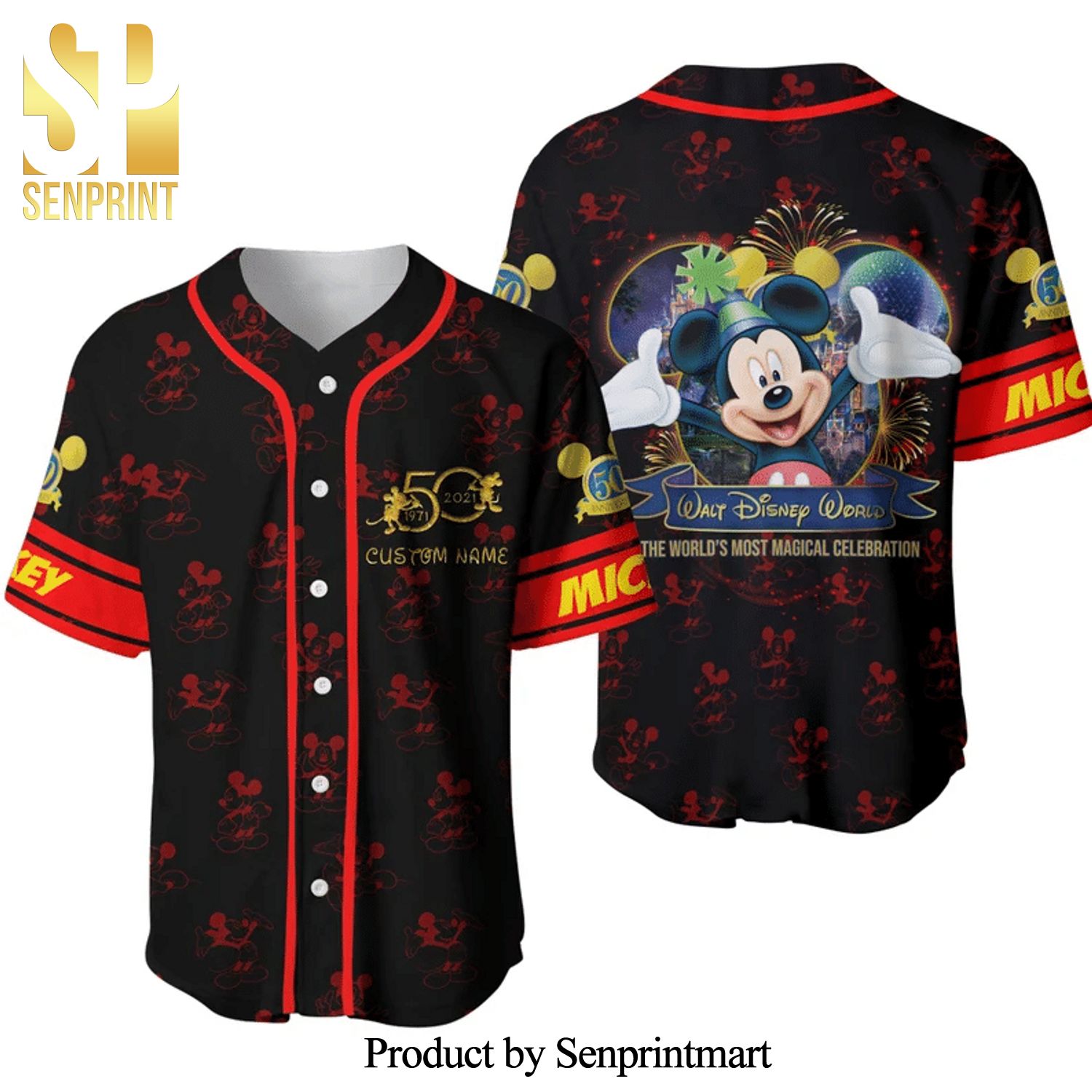 Mickey Mouse 50th Anniversary Walt Disney World Full Printing Baseball Jersey – Black Red