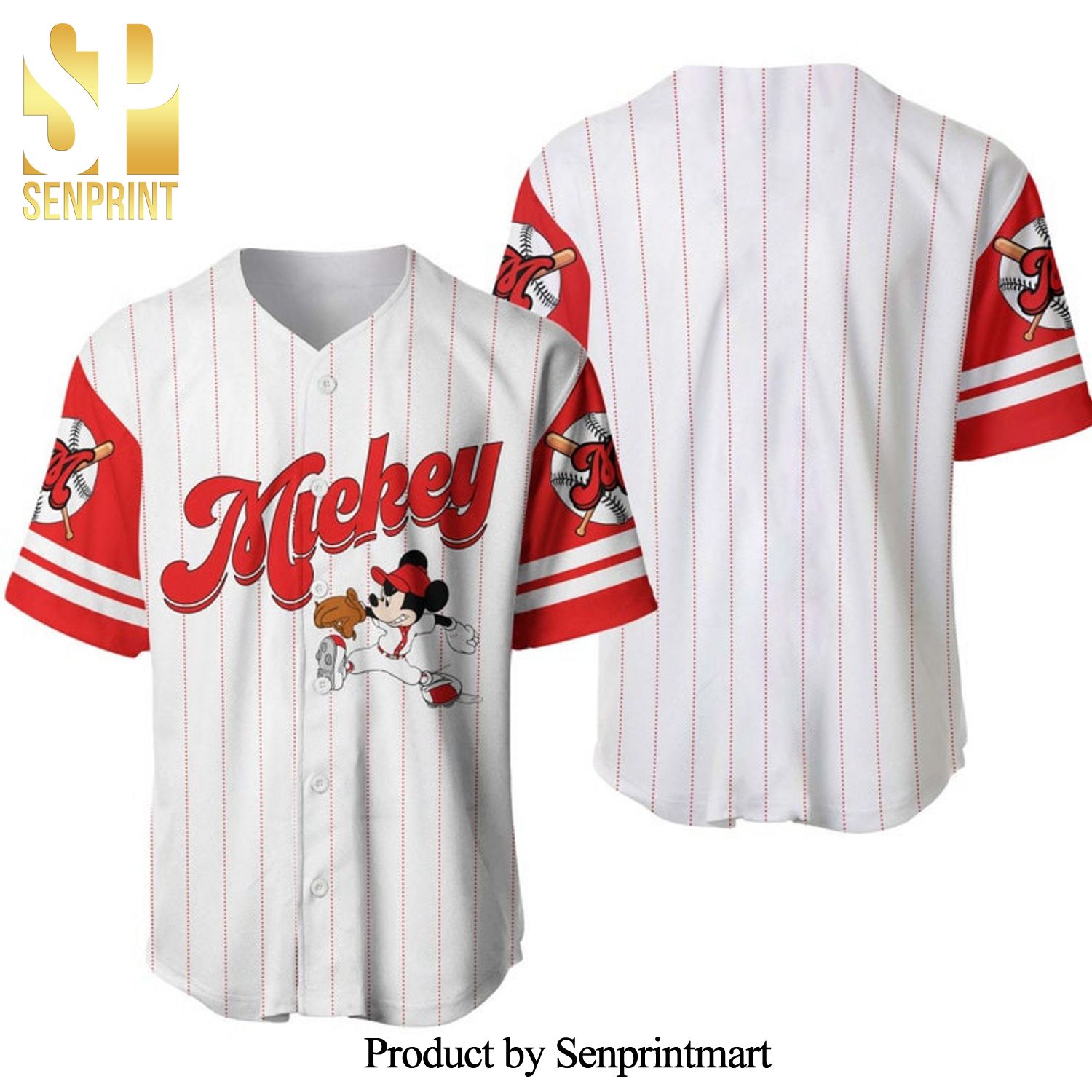 Mickey Mouse All Over Print Pinstripe Baseball Jersey - White