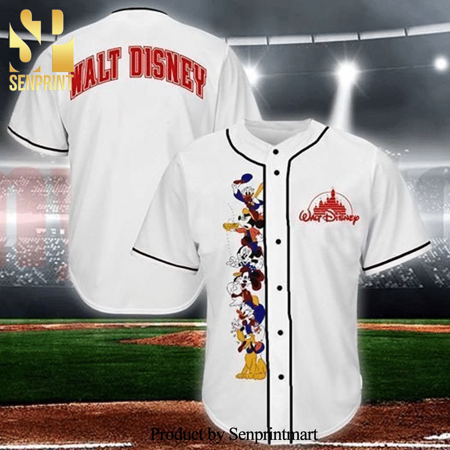 Mickey Mouse Characters Walt Disney Full Printing Baseball Jersey - White