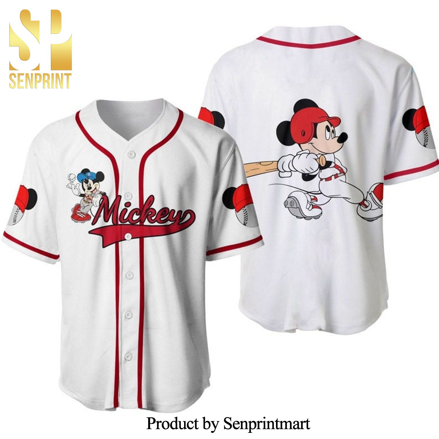 Mickey Mouse Disney Cartoon Graphics All Over Print Unisex Baseball Jersey – White