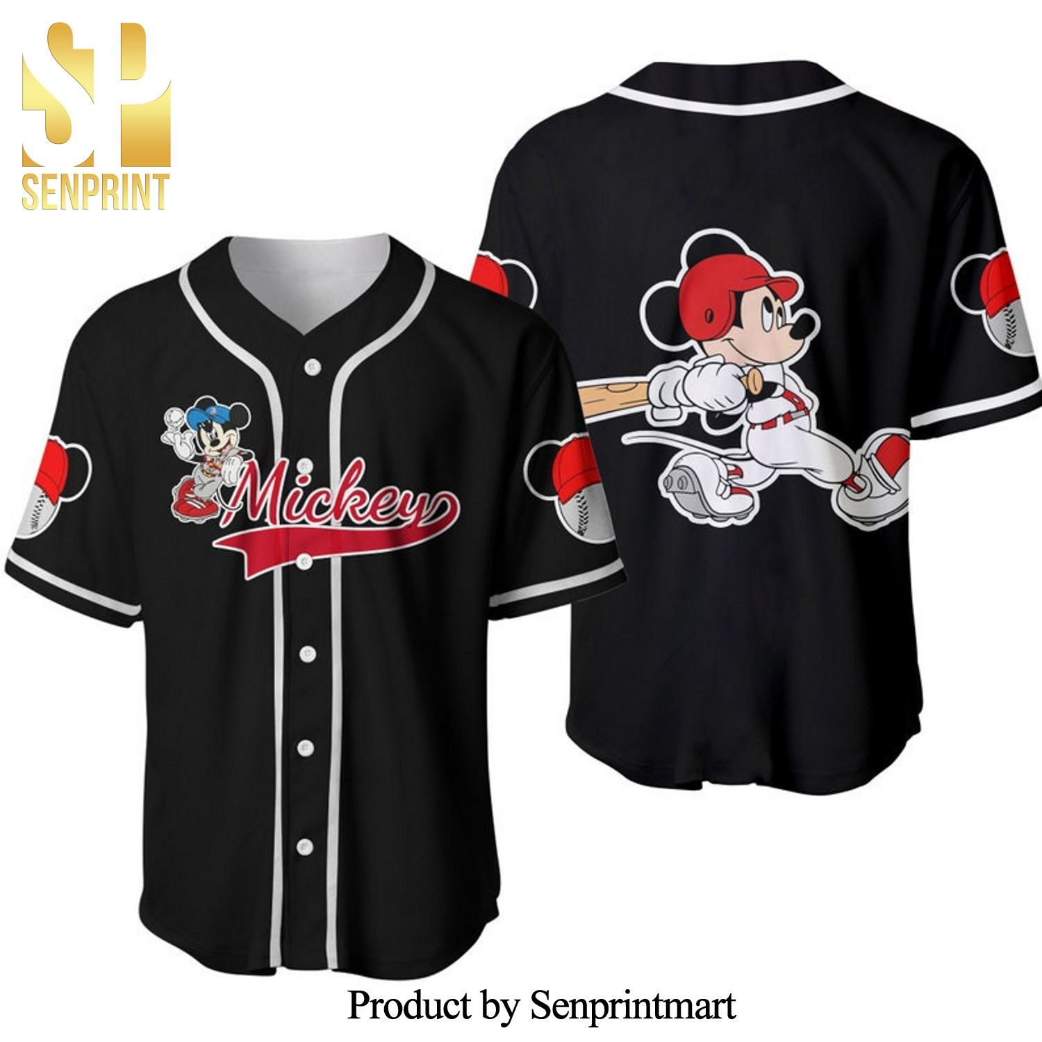 Mickey Mouse Disney Cartoon Graphics Full Printing Baseball Jersey - Black