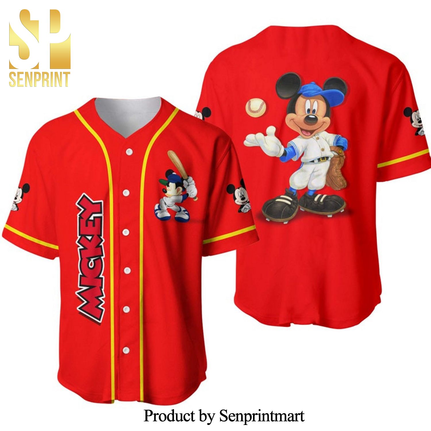 Mickey Mouse Playing Baseball All Over Print Baseball Jersey – Red