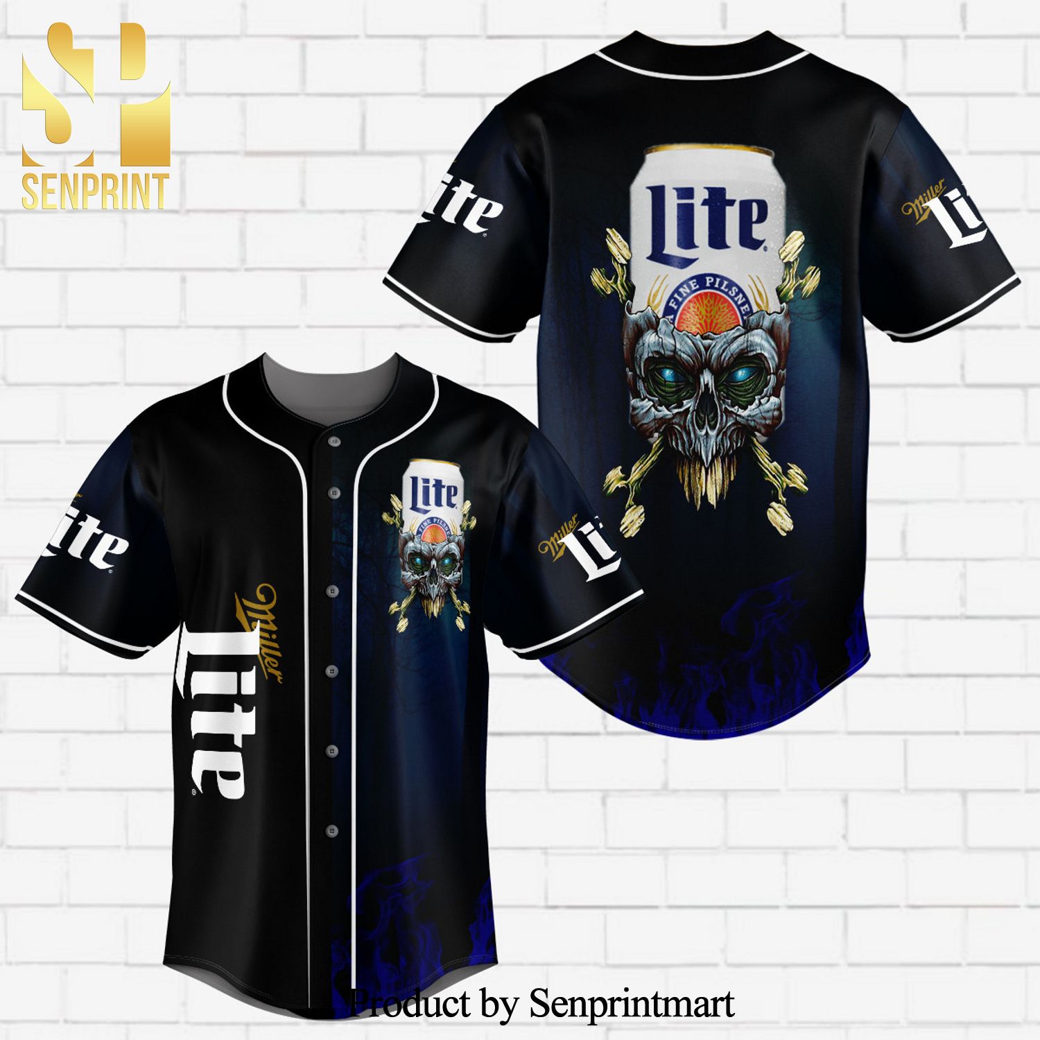 Miller Lite Flowery Skull All Over Print Unisex Baseball Jersey - Black