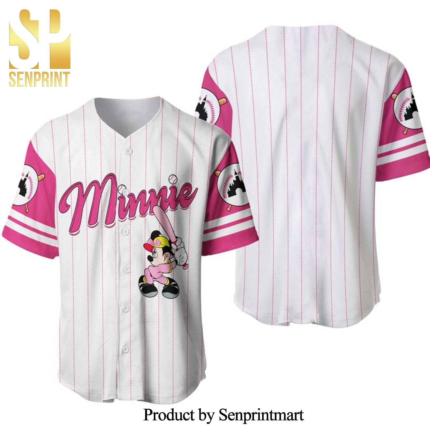 Minnie Mouse All Over Print Pinstripe Baseball Jersey – White