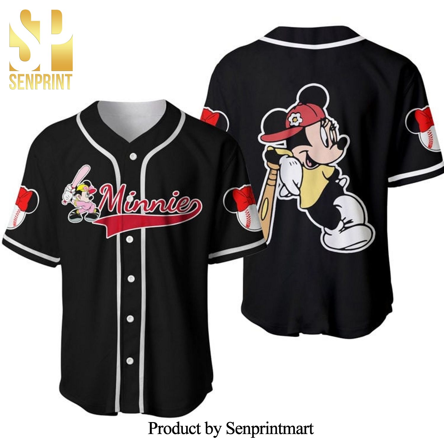 Minnie Mouse Disney Cartoon Graphics All Over Print Unisex Baseball Jersey – Black