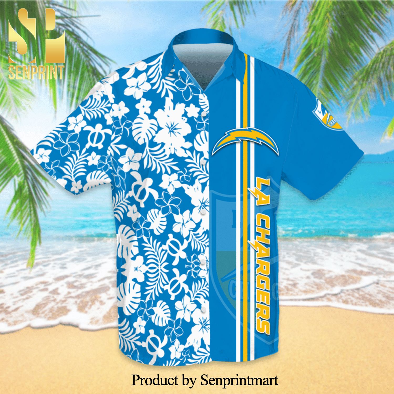 Los Angeles Chargers Full Printing Flowery Short Sleeve Dress Shirt Hawaiian Summer Aloha Beach Shirt - Blue
