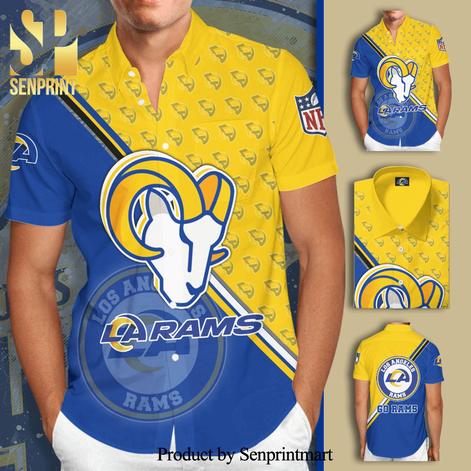 Los Angeles Rams Logo Full Printing Short Sleeve Dress Shirt Hawaiian Summer Aloha Beach Shirt – Blue Yellow