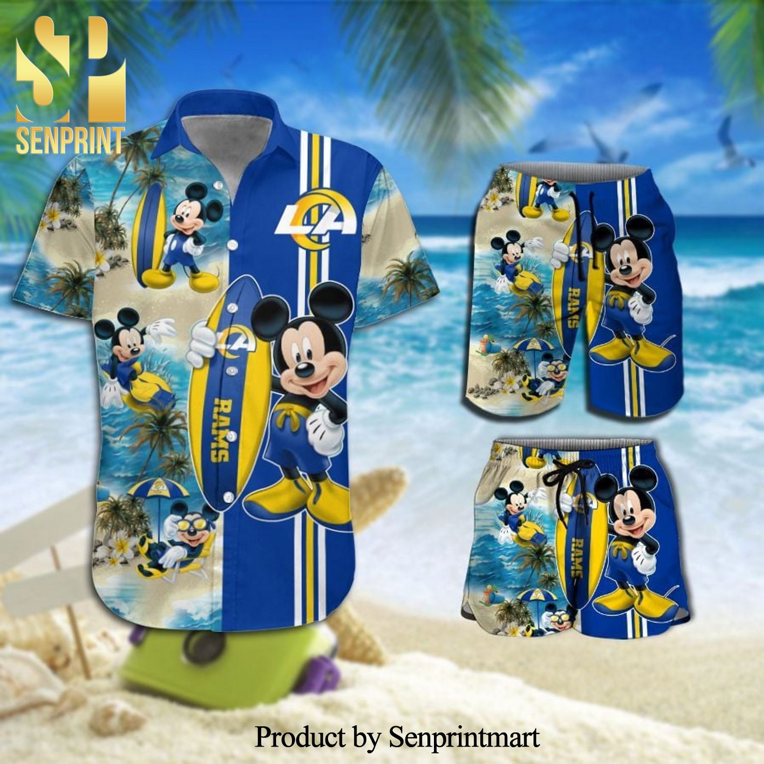 Los Angeles Rams Mickey Mouse Surfing On The Beach Full Printing Combo Hawaiian Shirt And Beach Shorts – Blue