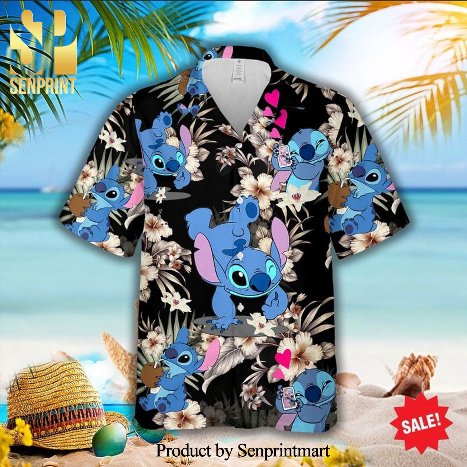 Lovely Stitch Disney Cartoon Graphics Hibiscus Full Printing Hawaiian Shirt – Black