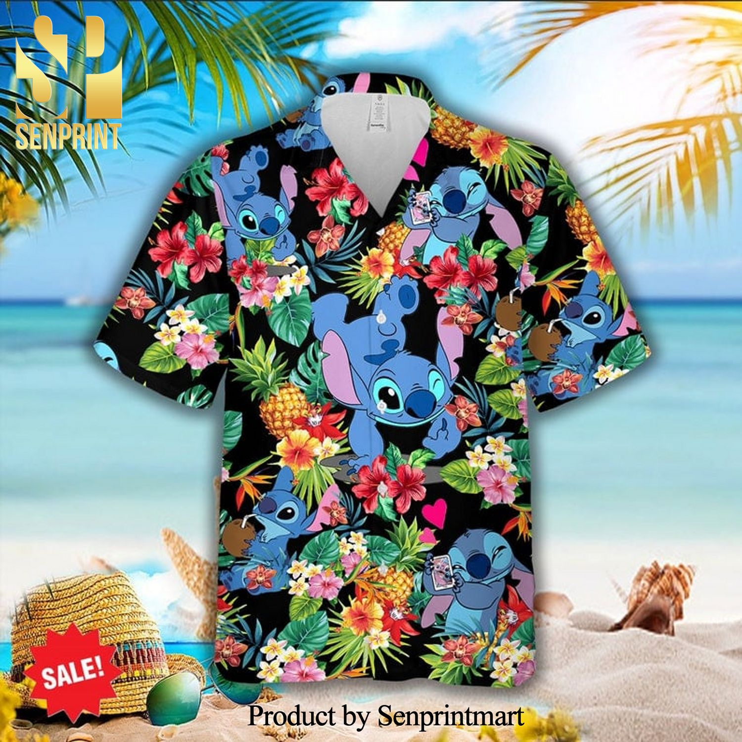 Lovely Stitch Disney Cartoon Graphics Pineapple Full Printing Hawaiian Shirt - Black
