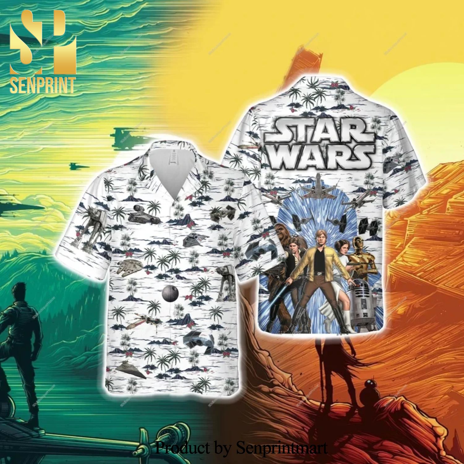 Luke Skywalker Princess Leia Han Solo Chewbacca R2-D2 C-3PO Star Wars Full Printing Hawaiian Shirt - White