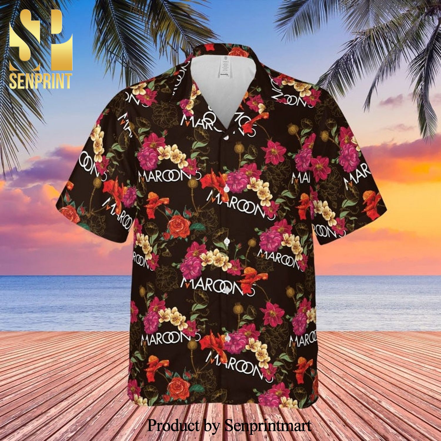Maroon 5 B And Floral Pattern Full Printing Hawaiian Shirt