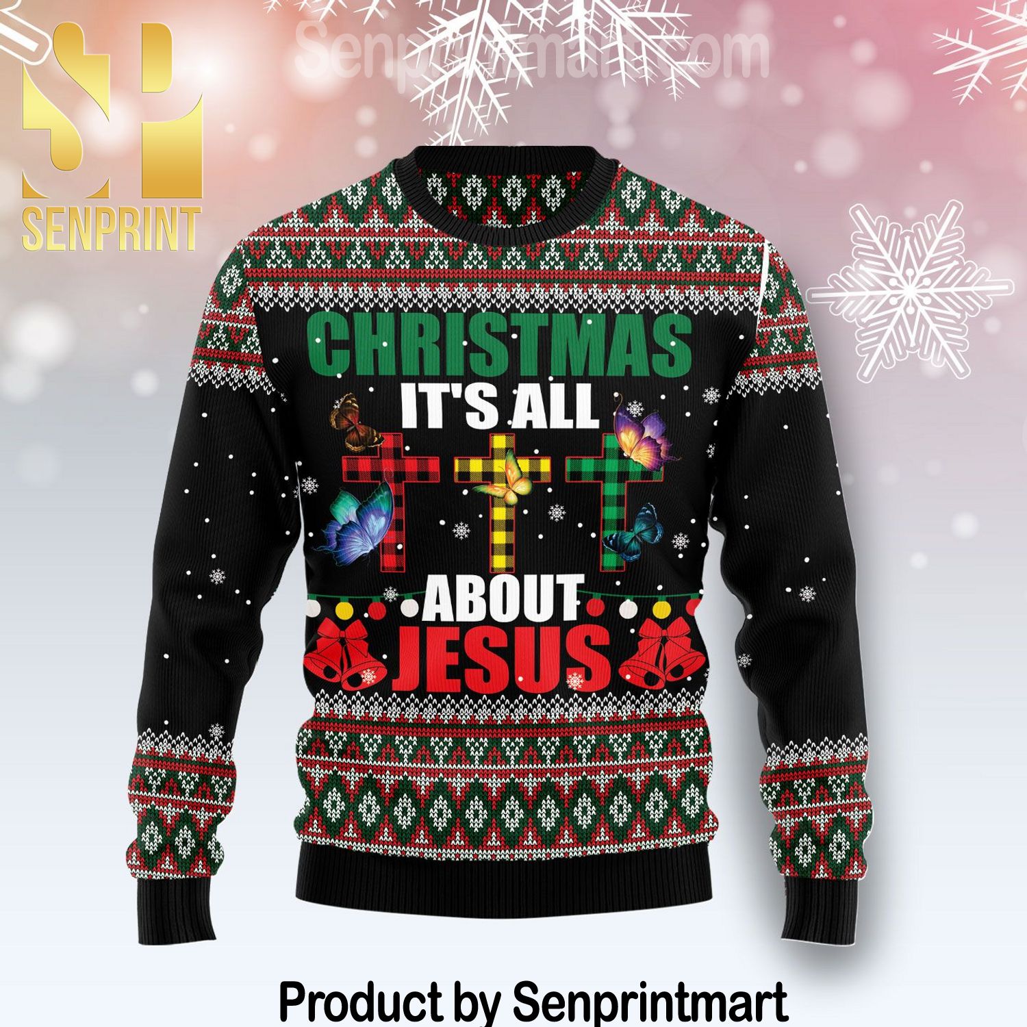 Butterfly All About Jesus Holiday Time All Over Print Knitting Pattern Ugly Christmas Sweater