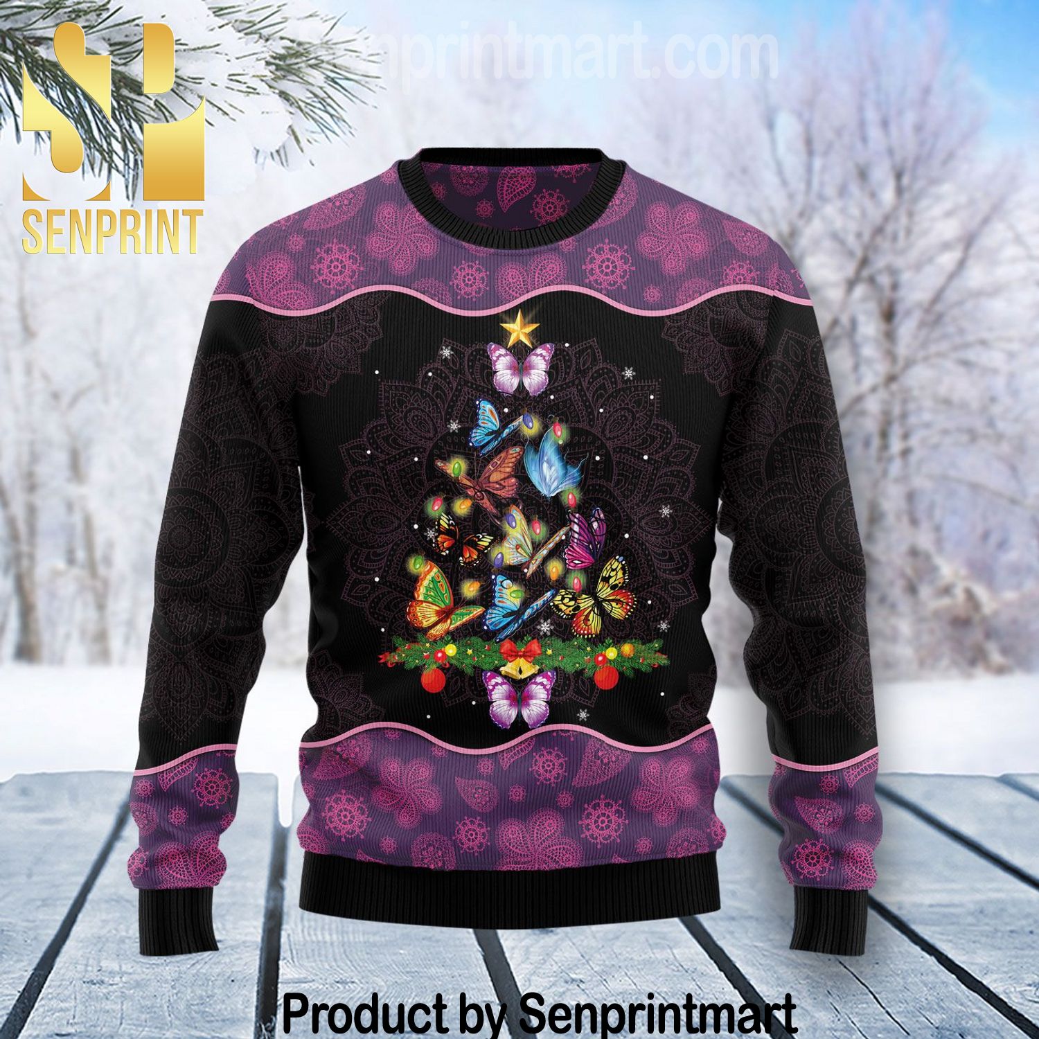 Butterfly Christmas Tree All Over Printed Christmas Knitted Wool Sweater