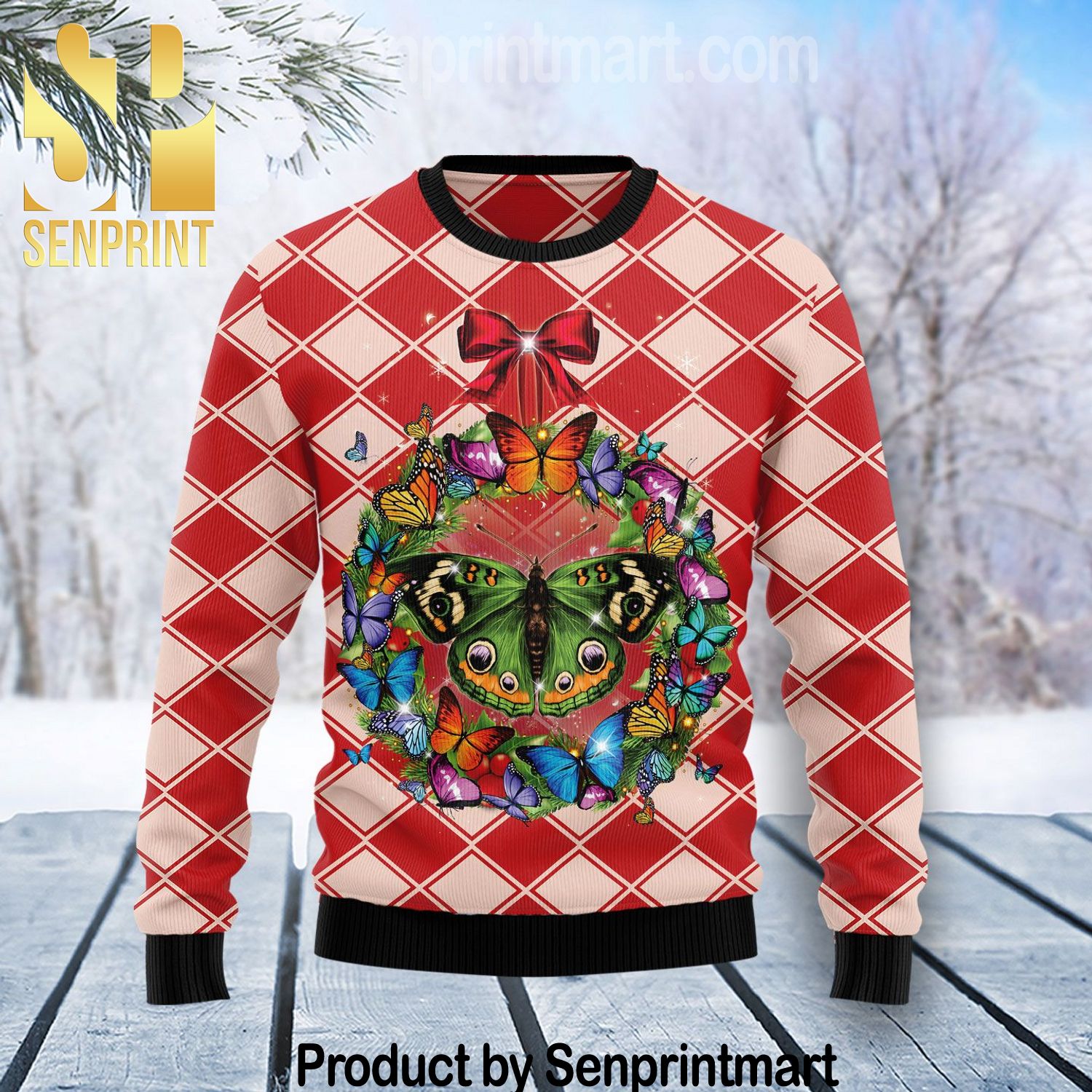 Butterfly Wreath Chirtmas Gifts Full Printing Wool Knitted Ugly Christmas Sweater