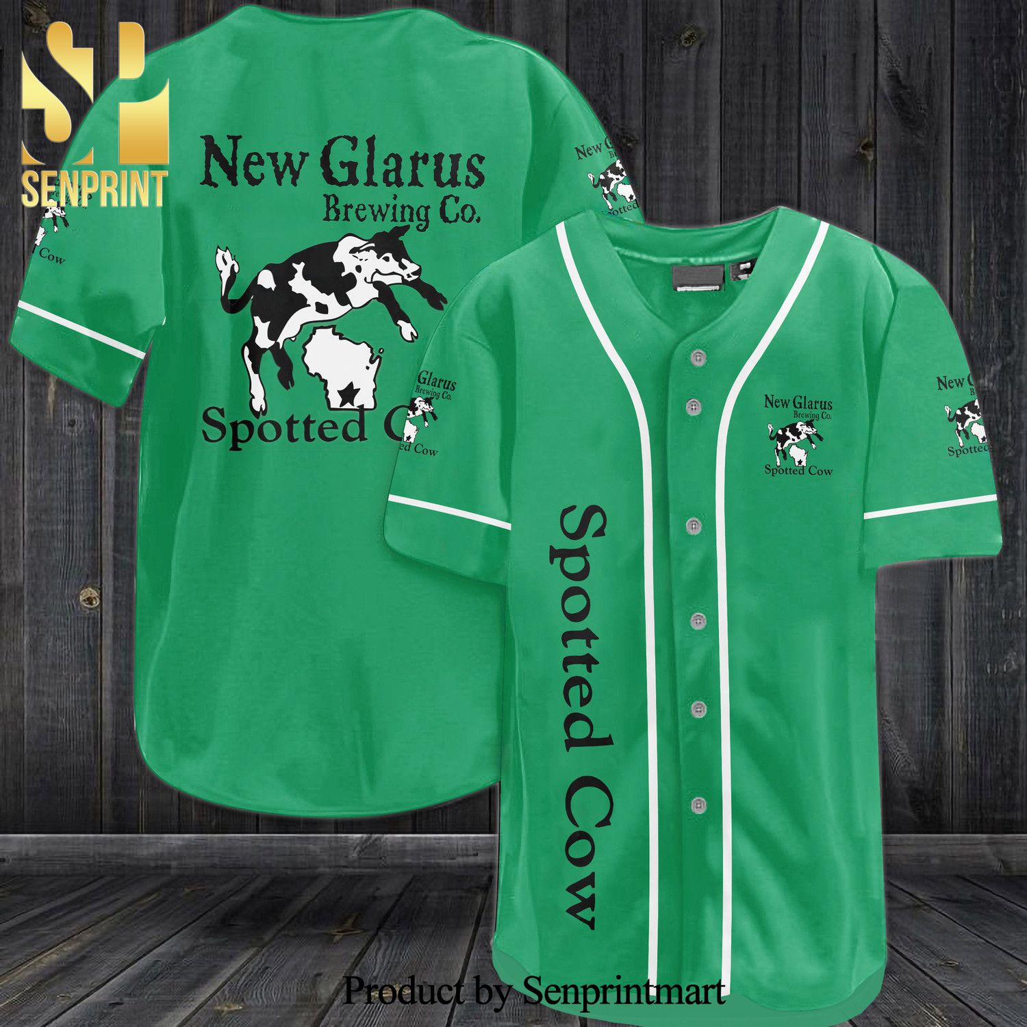 New Glarus Spotted Cow Beer All Over Print Baseball Jersey – Green