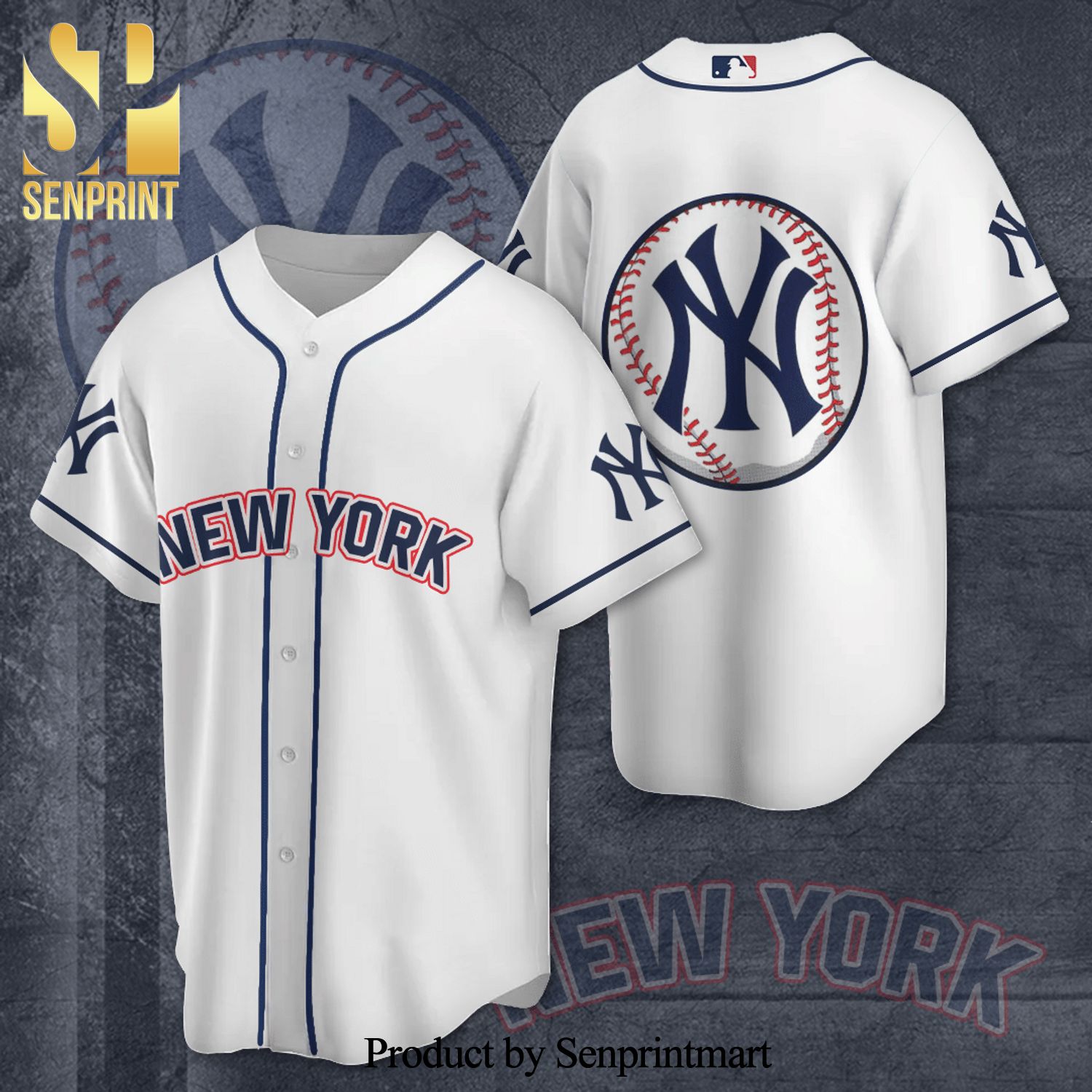 New York Yankees Baseball Team Full Printing Jersey Shirt-White
