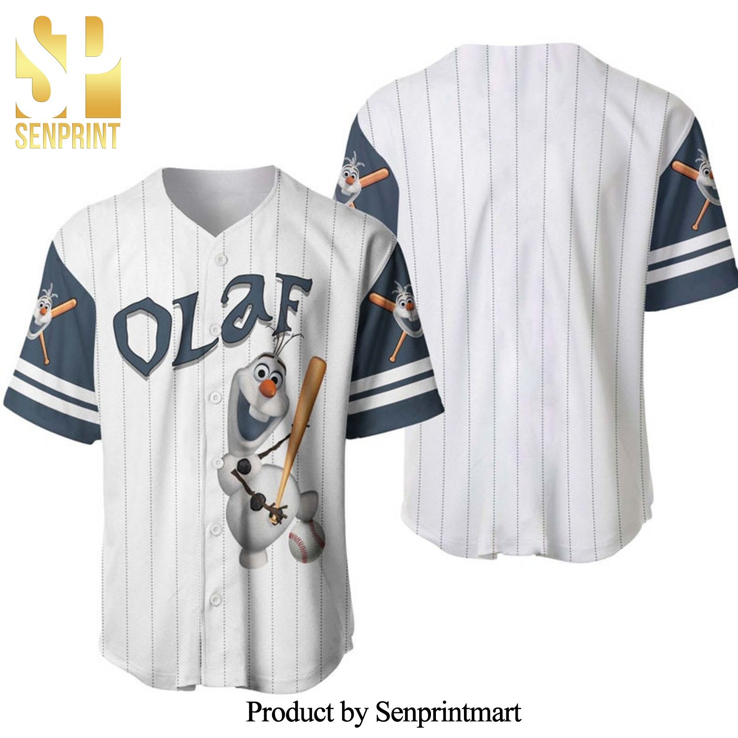 Olaf Snowman Frozen All Over Print Pinstripe Baseball Jersey - White