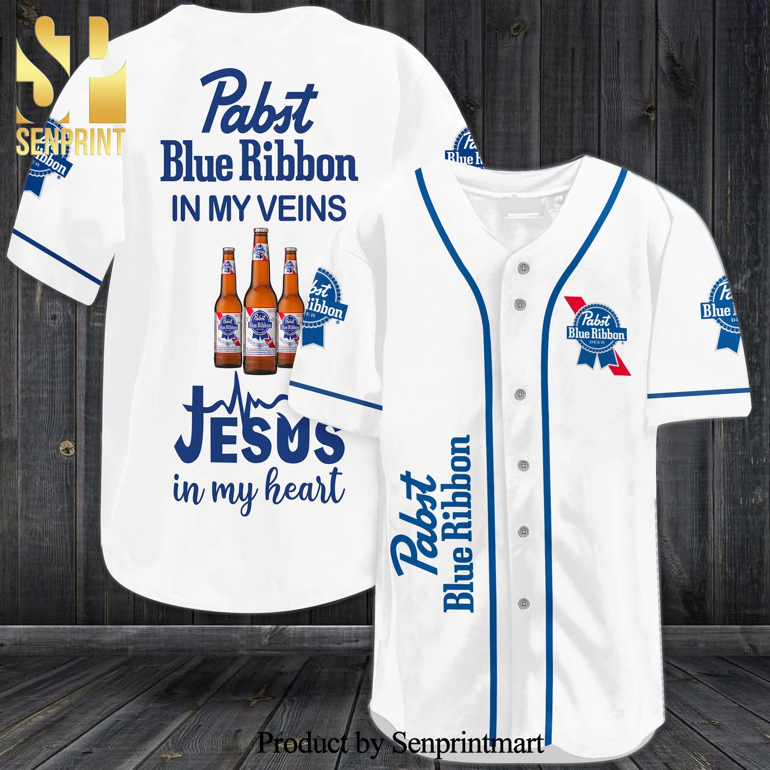 Pabst Blue Ribbon In My Veins Jesus In My Heart All Over Print Baseball Jersey - White