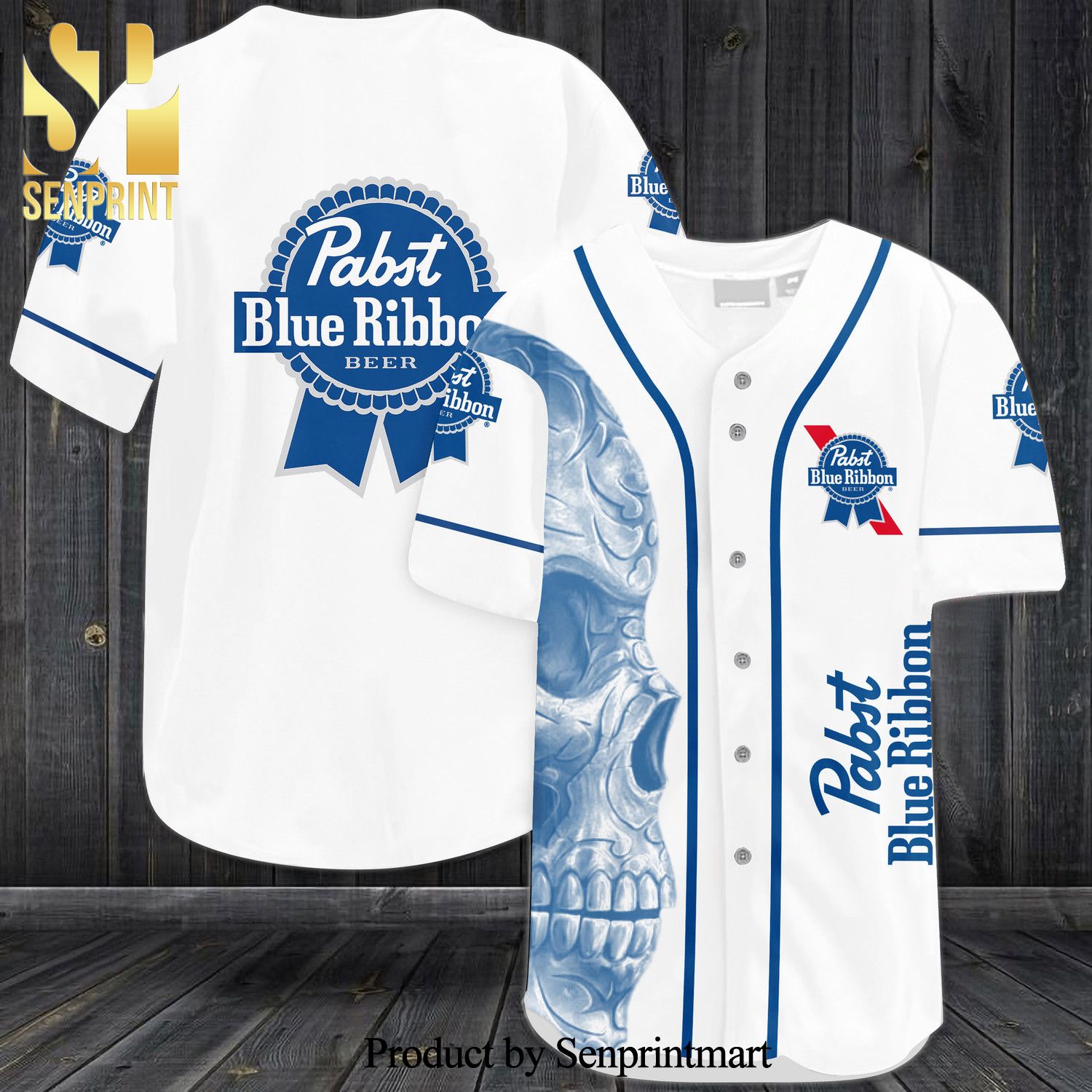 Pabst Blue Ribbon Skull All Over Print Baseball Jersey – White